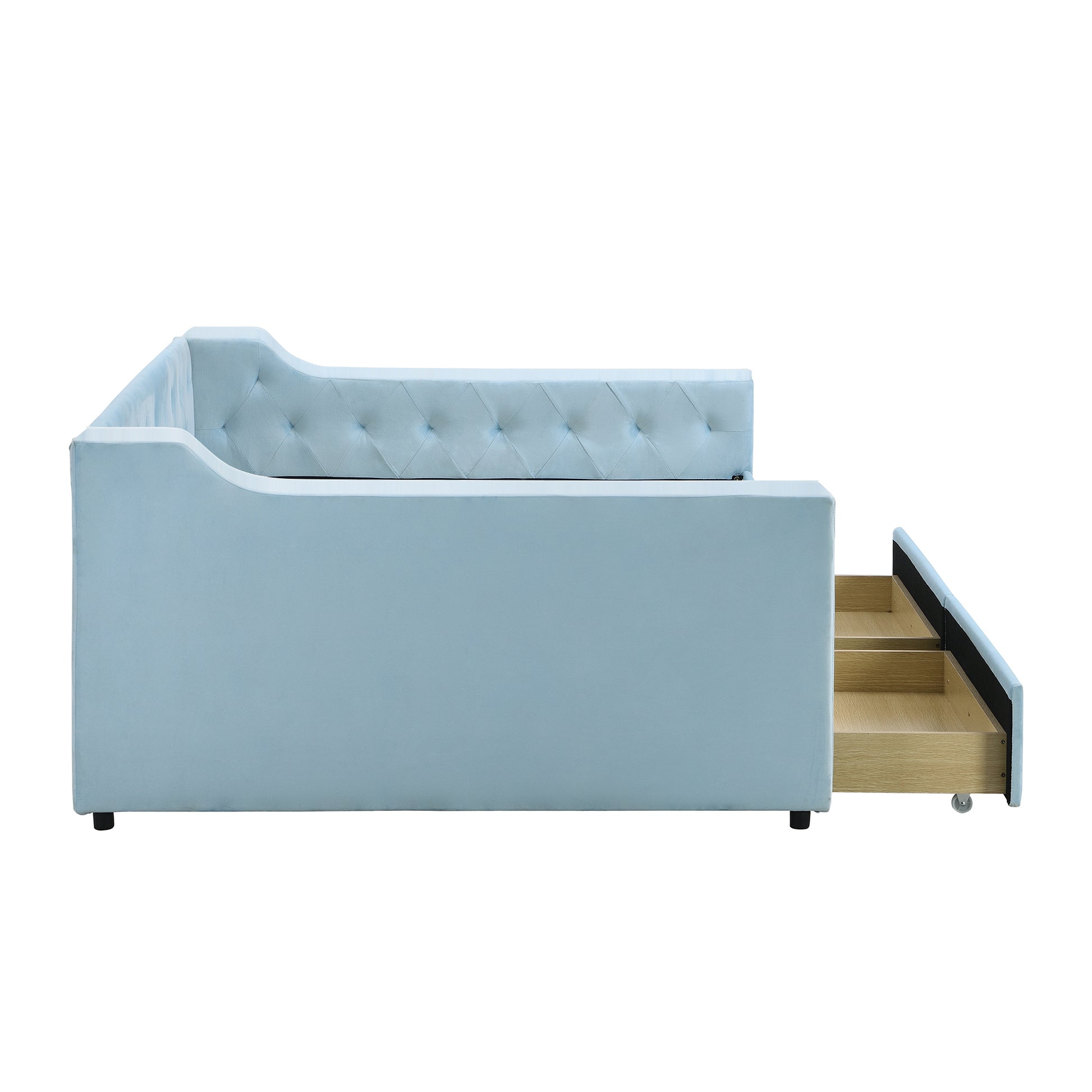 Full Size Upholstered Tufted Daybed With 2 Drawers, Blue Box Spring Not Required Full Blue Wood Daybeds Velvet Upholstered