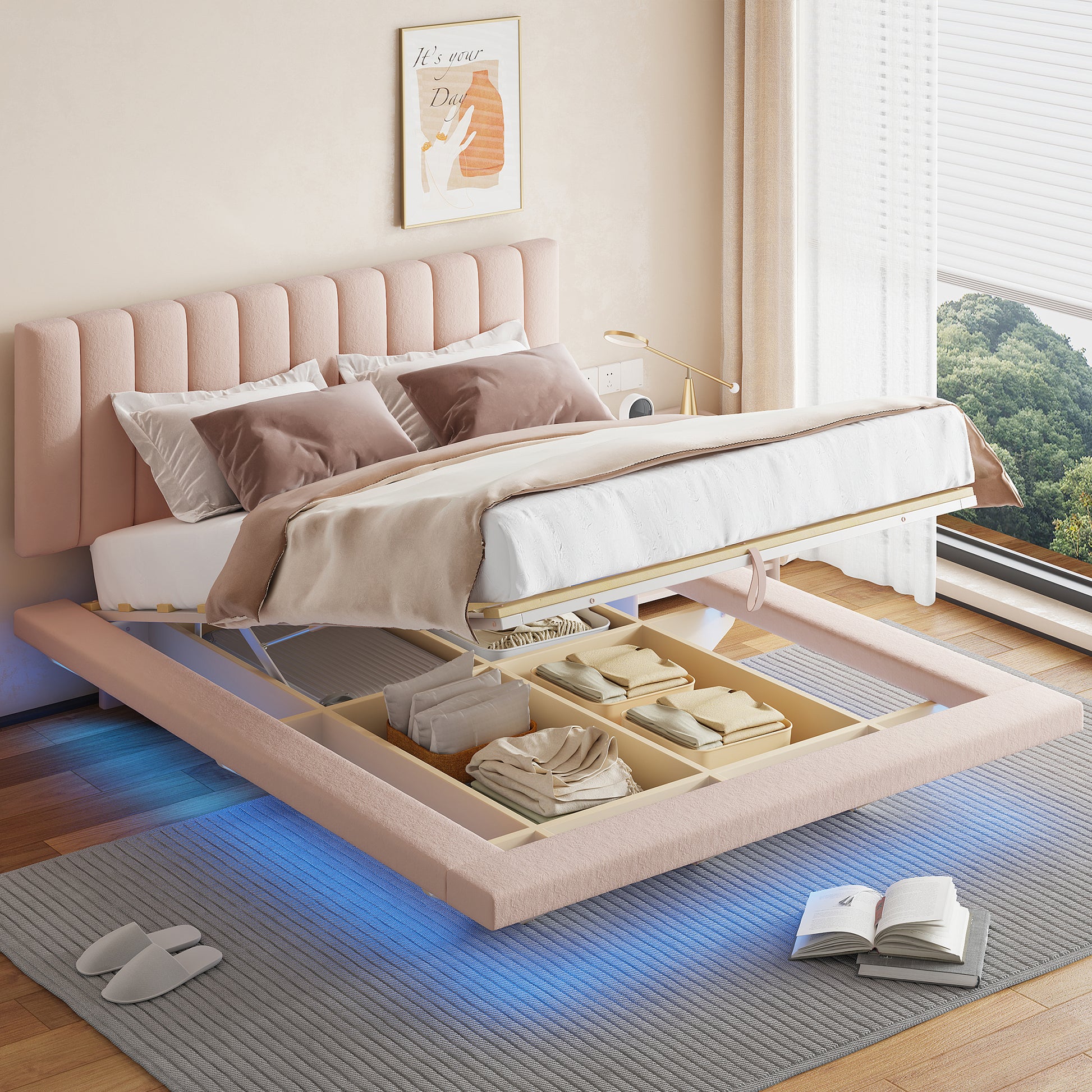 Queen Size Upholstered Floating Bed With Led Light And Usb Port, Velvet, Pink, Hydrualic Platform Bed Queen Pink Velvet