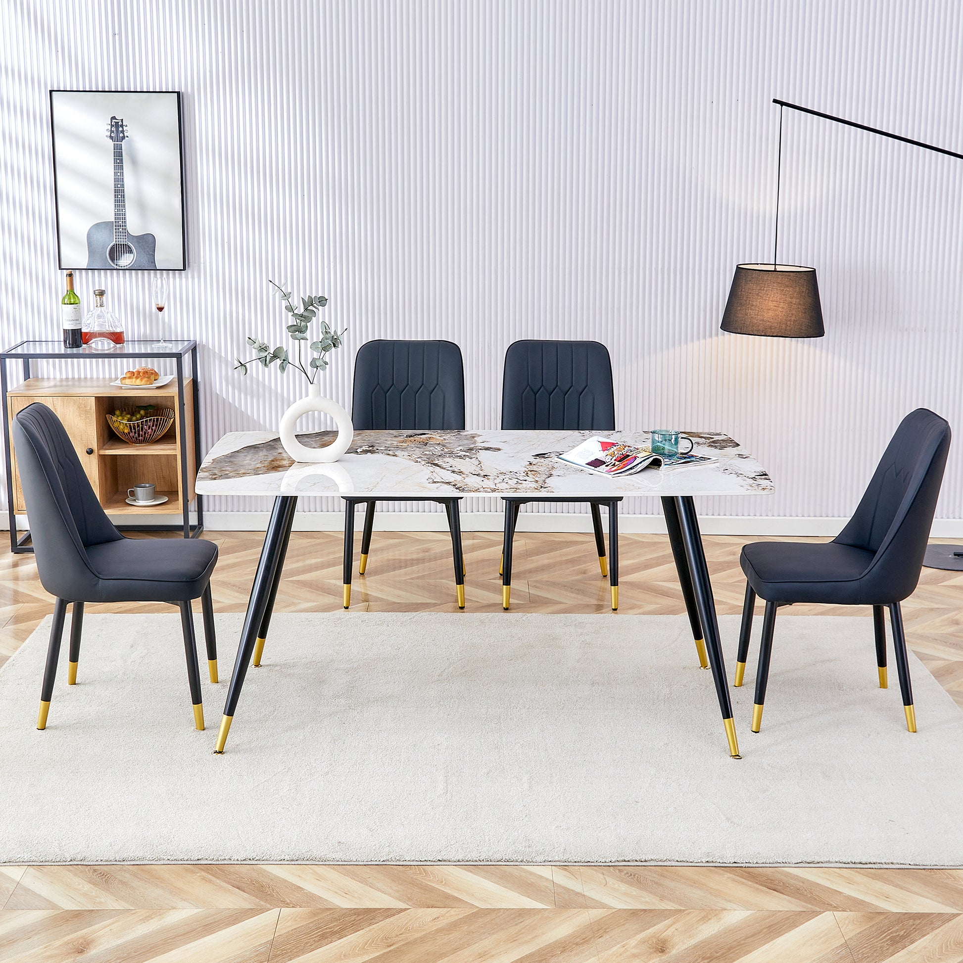 Modern Minimalist Dining Table. Imitation Marble Patterned Stone Burning Tabletop With Black Metal Legs.Modern Dining Chair With Pu Artificial Leather Backrest Cushion And Black Metal Legs.F 001 C 007 Black Gold Sintered Stone