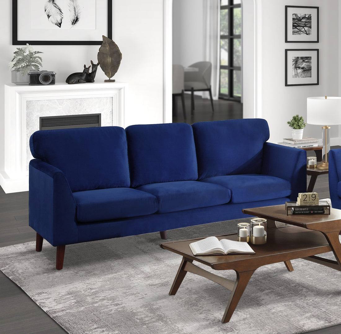 Modern Contemporary 2Pc Sofa Set Blue Sofa Loveseat Velvet Upholstery Dark Brown Legs Solid Wood Living Room Furniture Blue Velvet Wood Primary Living Space Modern Solid Wood 5 Seat