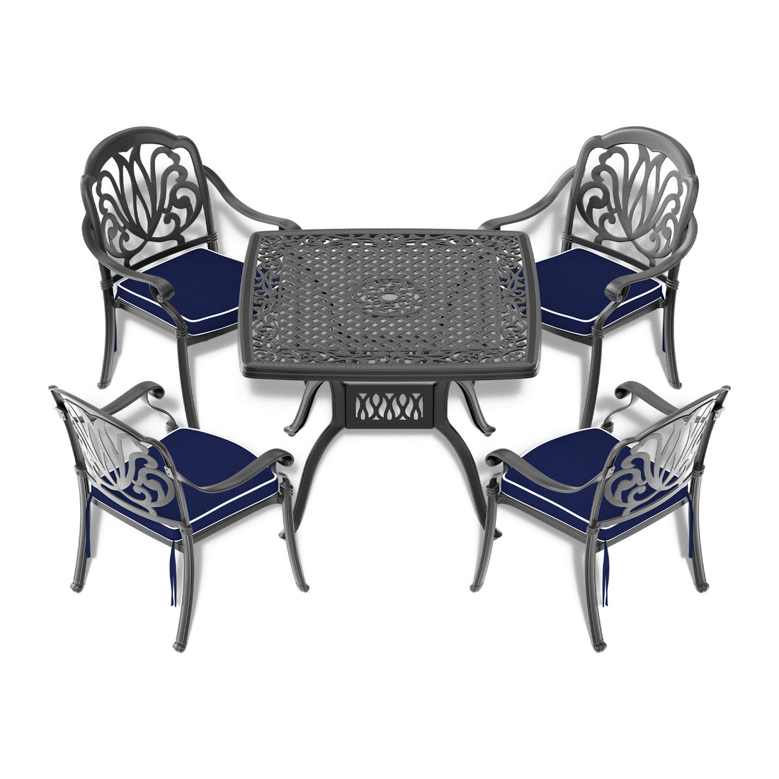 Cushions In Random Colors 5 Piece Set Of Cast Aluminum Patio Furniture With Cushions Yes Dining Set Black Seats 4 Rust Resistant Frame Water Resistant Cushion Garden & Outdoor Complete Patio Sets Aluminium