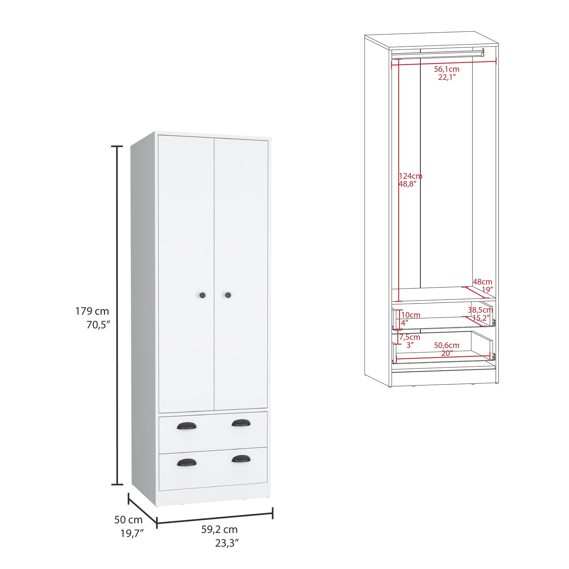 St Monans Armoire With Double Door And 2 Drawers White White Particle Board