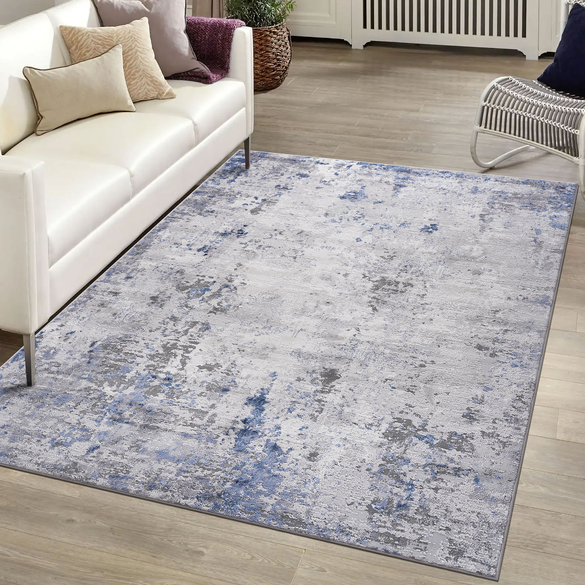 5X7 Silver Blue Abstract Non Shedding Living Room Bedroom Dining Home Office Stylish And Stain Resistant Area Rug Silver Polyester