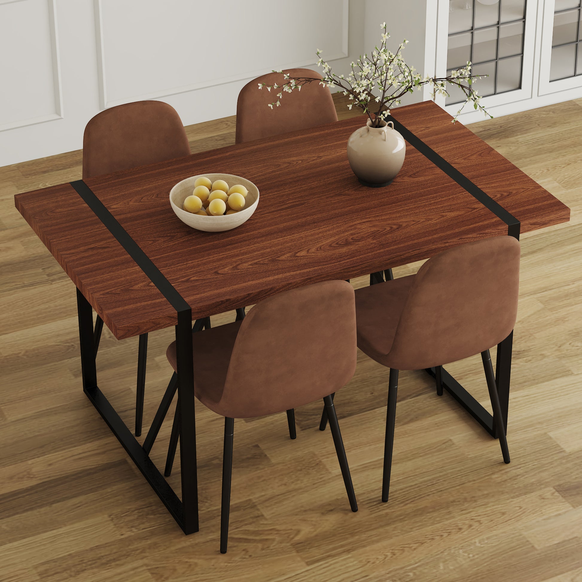 Table And Chair Set. A Minimalist Retro Rectangular Dining Table With A Specially Textured Top And Black Metal Legs, Paired With 4 Soft Chairs And Black Metal Legs, Showcases A Beautiful Home Style.