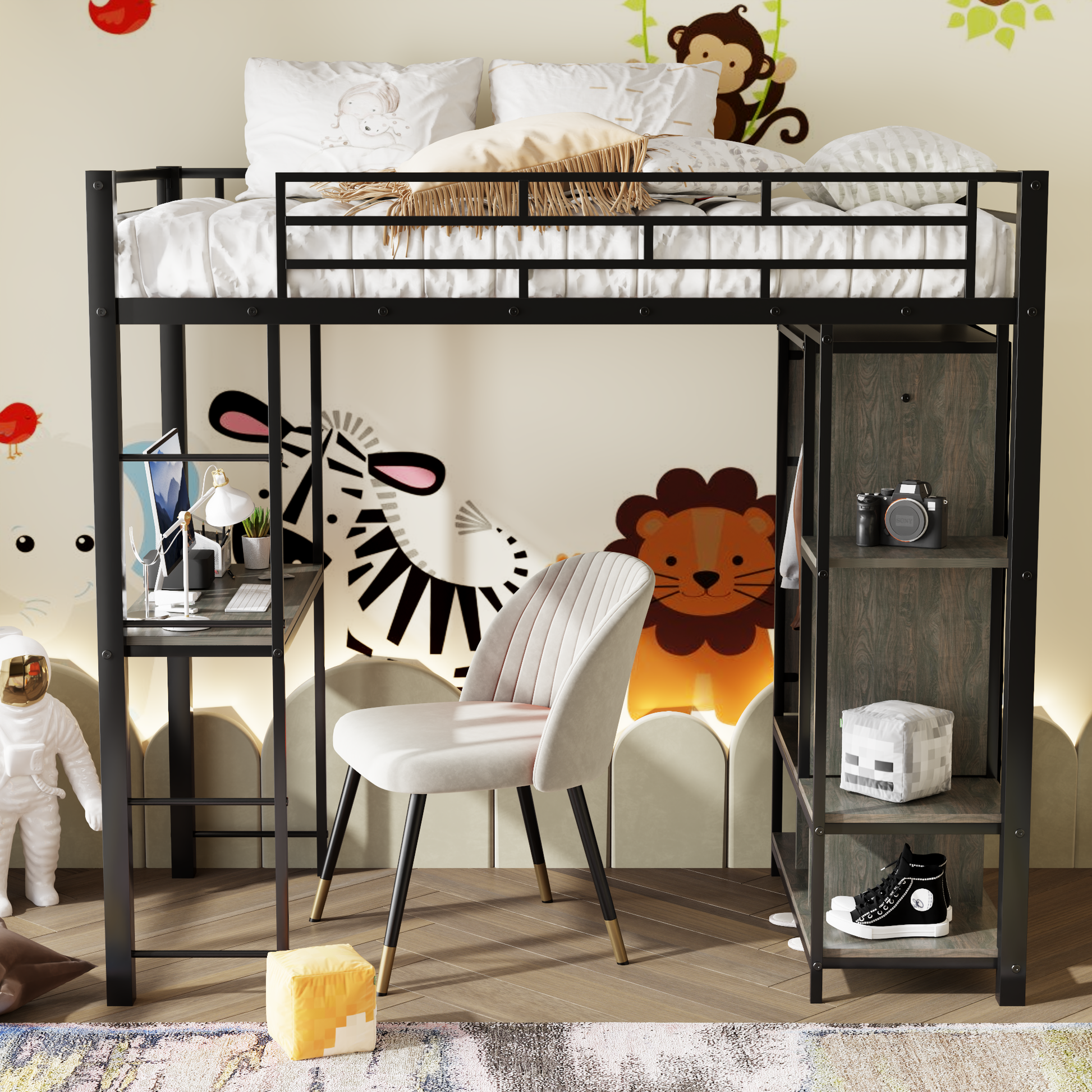 Twin Size Metal Loft Bed With Built In Wardrobe, Desk And Shelves, Black Expected Arrival Time: 9.3 Box Spring Not Required Twin Black Mdf Metal