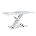 Table And Chair Set, Modern Dining Table, Imitation Marble White Top And Silver Legs, Soft And Comfortable Dining Chair, Perfect For Dinner, Meetings, Home And Office Decor Black Silver Glass Metal