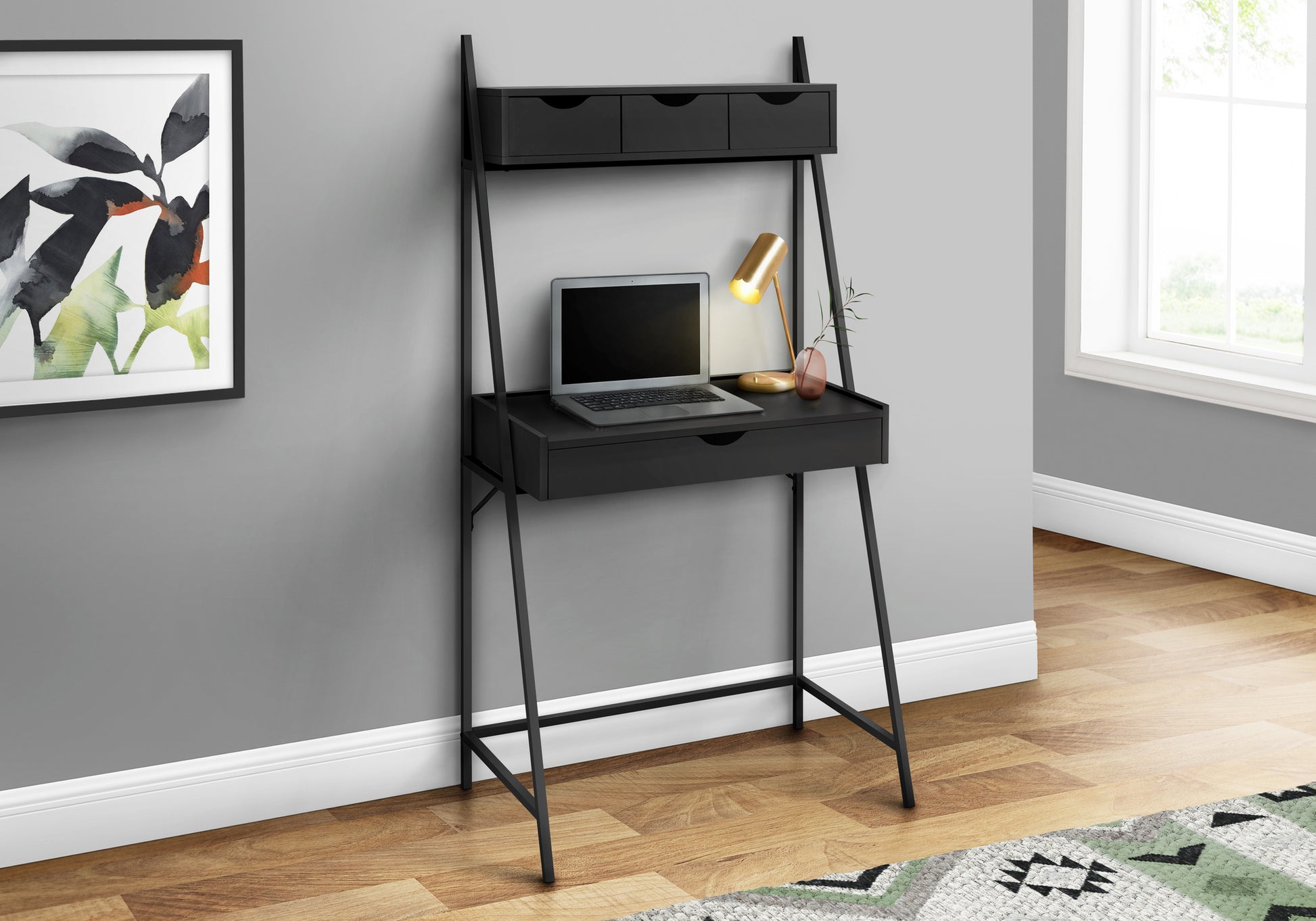 Computer Desk, Home Office, Laptop, Leaning, Storage Drawers, 32"L, Work, Black Laminate, Black Metal, Contemporary, Modern Black Metal