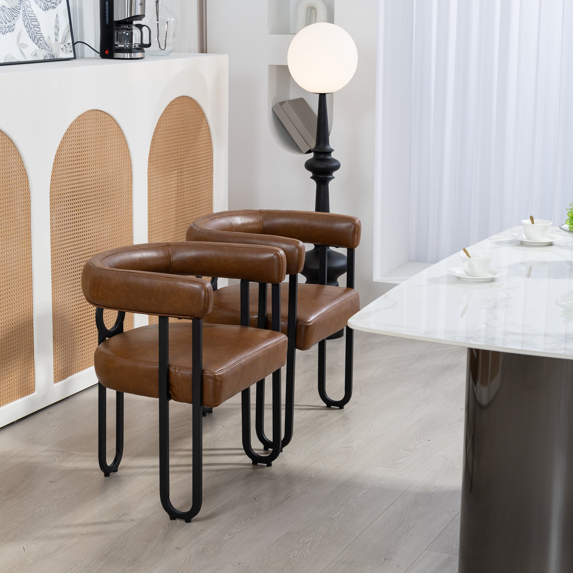 Coolmore Contemporary Designed Pu Fabric Upholstered Accent Dining Chair Barrel Side Chairs Kitchen Armchair For Living Room Set Of 2 Light Brown Pu Light Brown Dining Room Foam Pu Leather