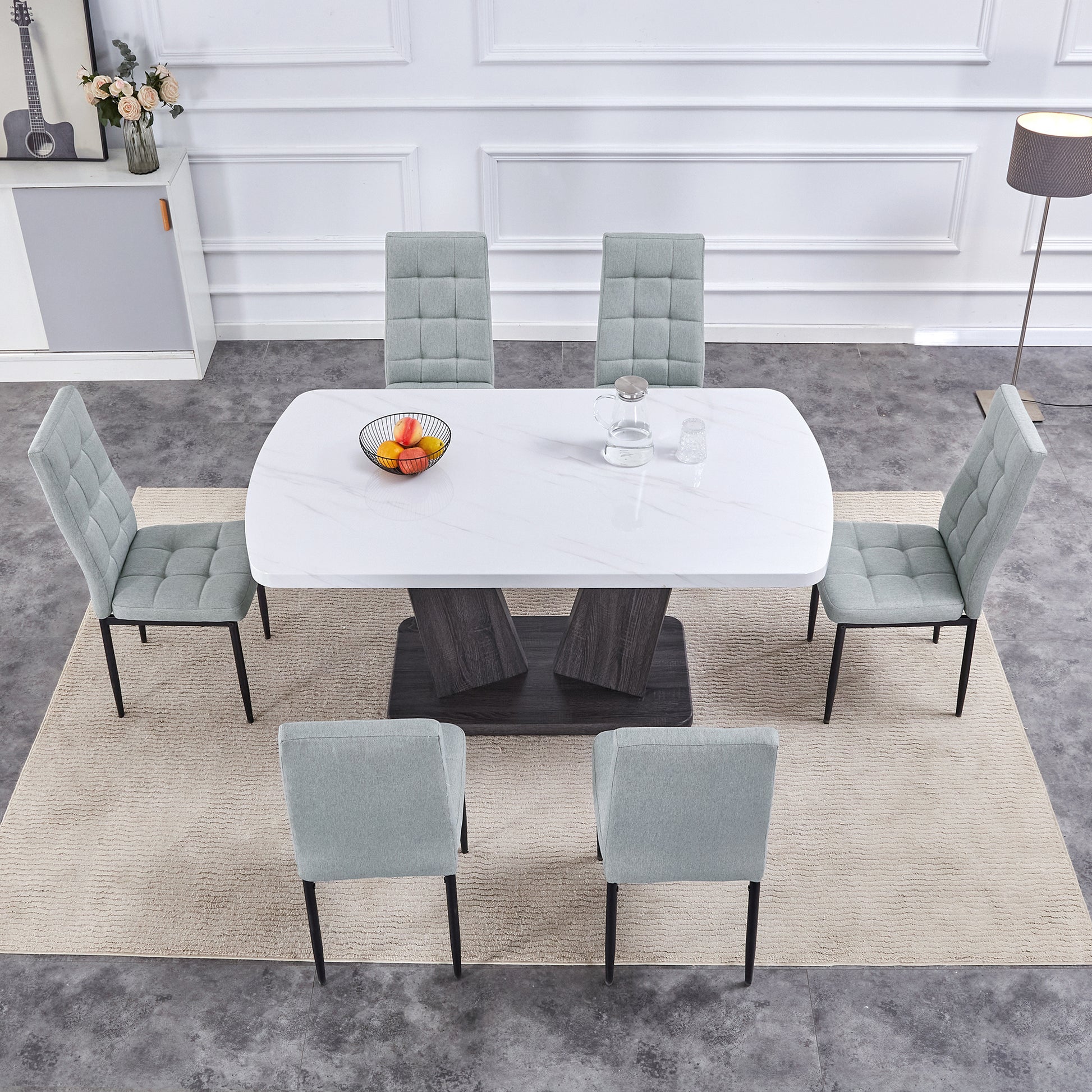 Modern Dining Table Set For 6, 7 Piece Dining Set, 63" Rectangle Kitchen Table With 6 Upholstered Chairs, 1.8" Thickness Tabletop And V Shaped Table Legs, White Faux Marble Dining Set For Kitchen Room Metal White Gray Dining Room Modern Rectangular Mdf