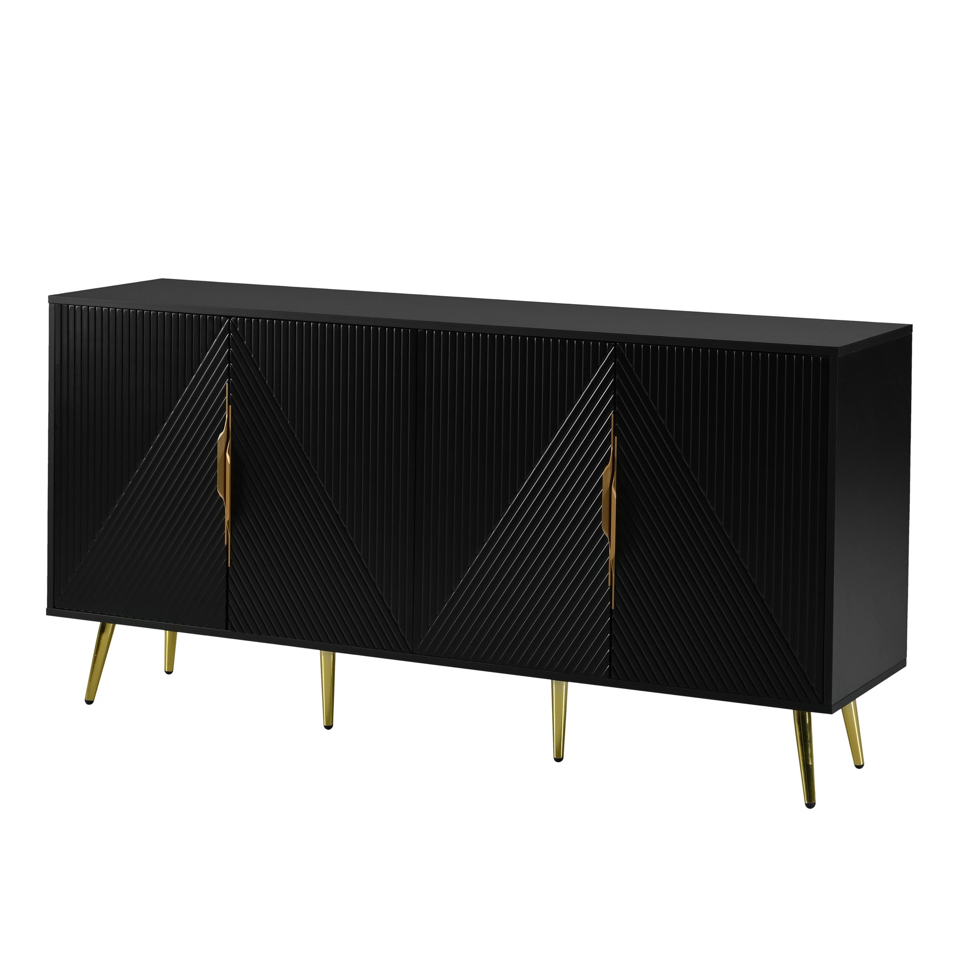 Stylish Sideboard With Wave Geometric Design, Conical Legs, Adjustable, Suitable For Study, Entryway And Living Room Black American Design Mdf