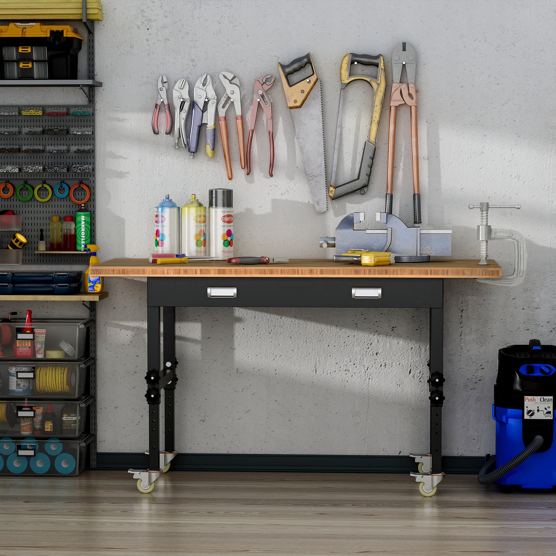 Homcom 59" Work Bench With Drawer, Height Adjustable Legs, Bamboo Tabletop Workstation Tool Table On Wheels For Garage, Weight Capacity 1320 Lbs, Black Natural Natural Wood Bamboo