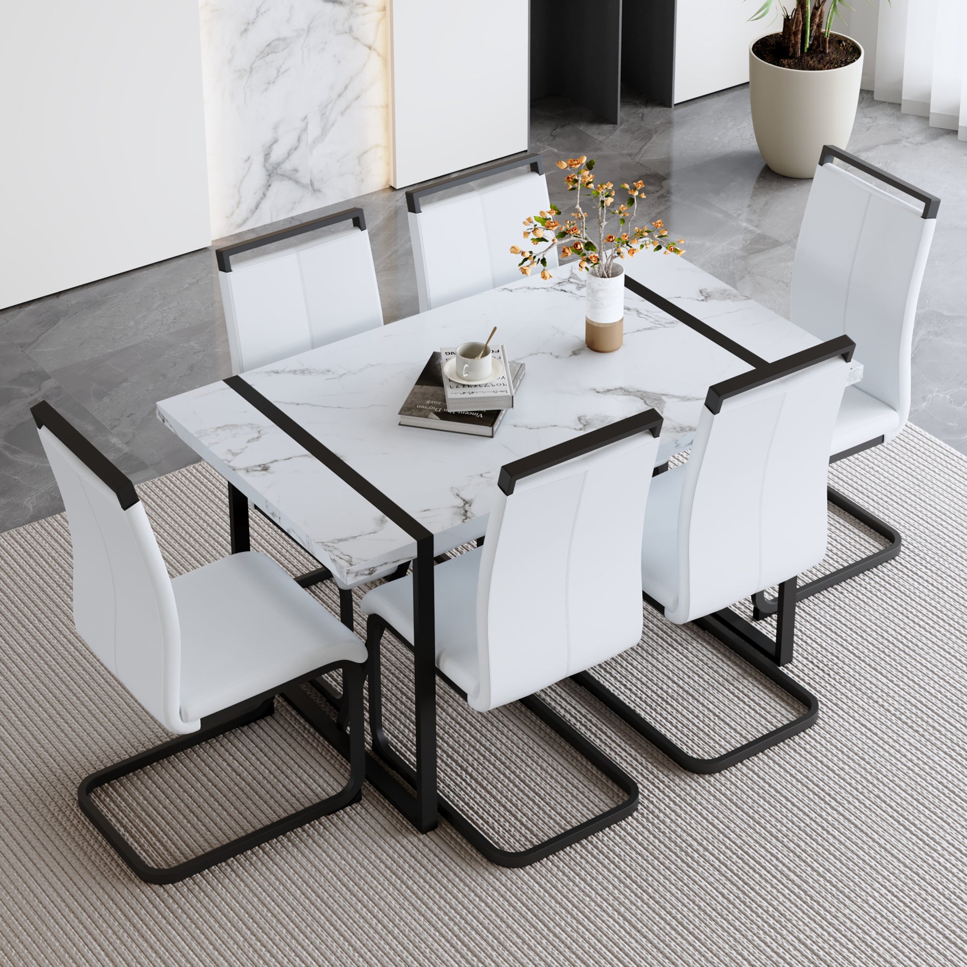 Table And Chair Set.A Modern Minimalist White Marble Veined Mdf Dining Table With Black Metal Frame.Paried With 6 Chairs With White Pu Cushions And C Tube Black Metal Legs. White Seats 6 Mdf Metal