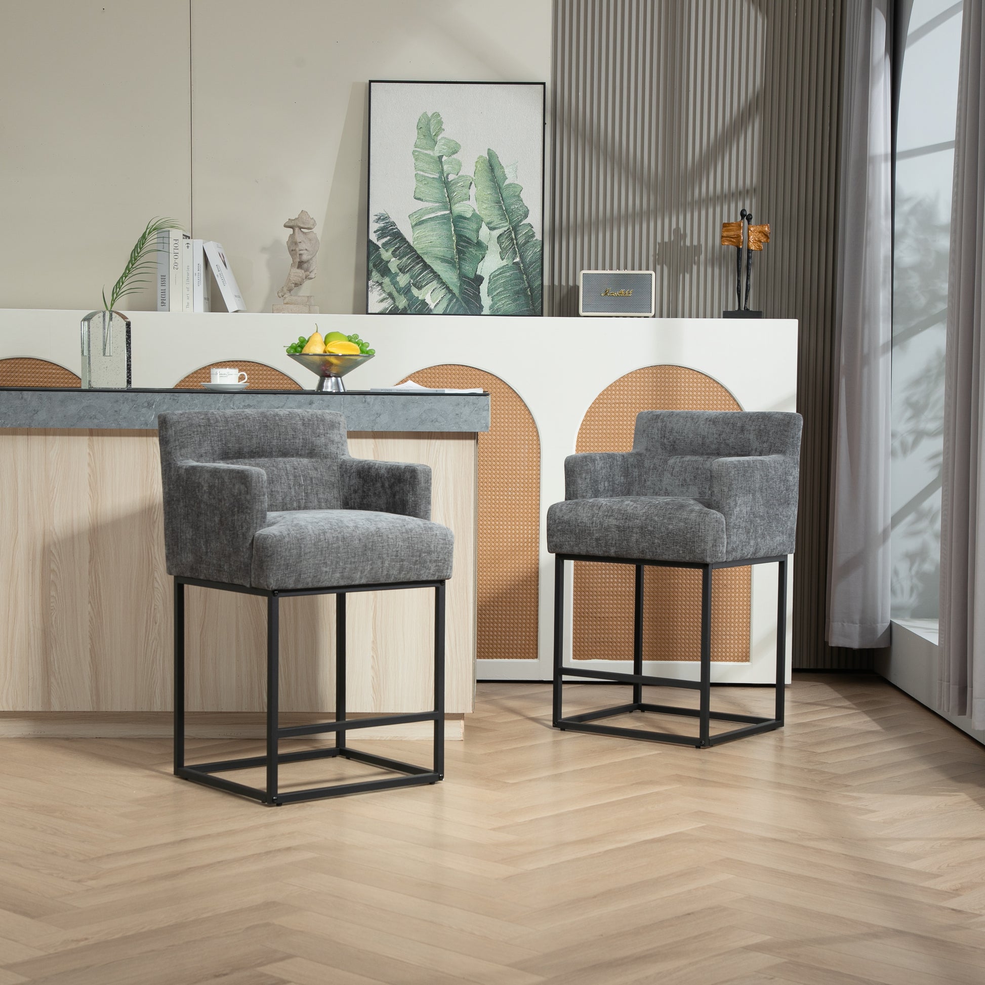 Coolmore Counter Height Bar Stools Set Of 2, Modern Barrel Bar Stool With Backrest And Arms, Black Metal Frames, Upholstered Bar Stools For Kitchen Island, Pub, Club Gray Foam Chenille