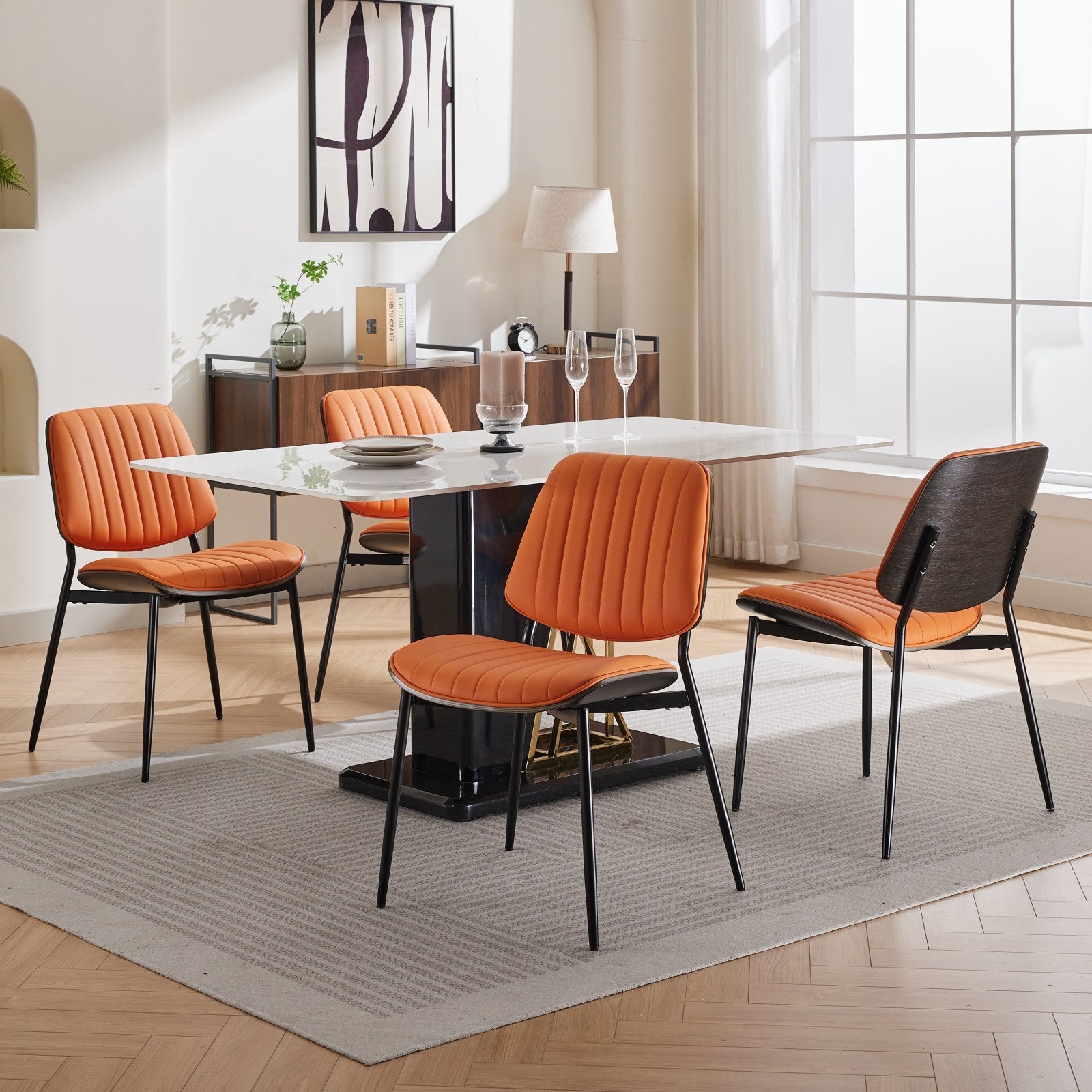 Dining Chairs Set Of 2 Mid Century Modern Retro Faux Leather Chair With Walnut Bentwood Back Upholstered Seat Metal Legs Adjustable Foot For Kitchen Dining Room Chairs Orange Pu Orange Dining Room Classic Set Of 2 Foam Pu Leather