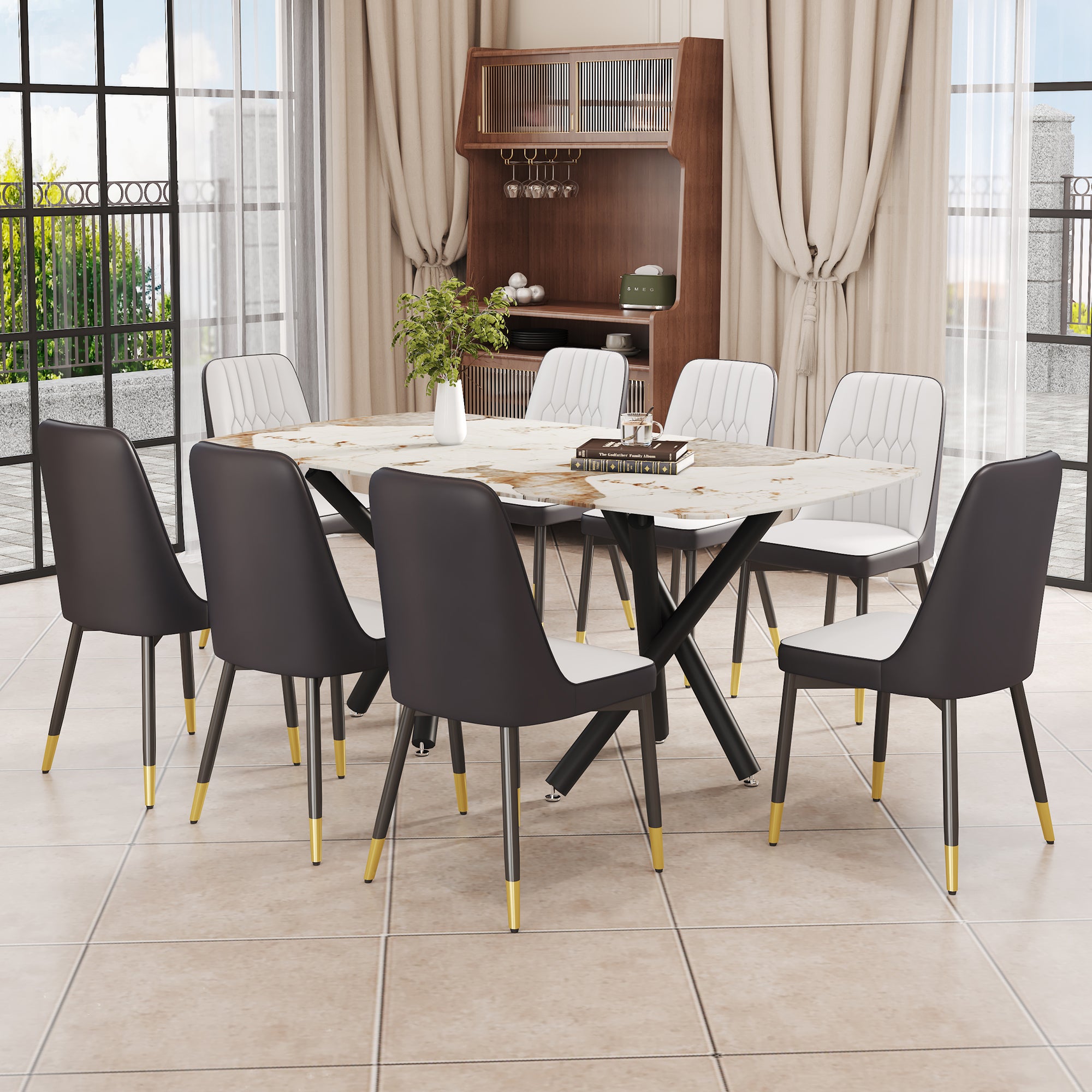 1 Table And 8 Chairs Set.A Rectangular Dining Table With A 0.39 Inch Imitation Marble Tabletop And Black Metal Legs.Paired With 8 Chairs With Pu Leather Seat Cushion And Black Metal Legs.F 1538,C 007 Black Glass Metal