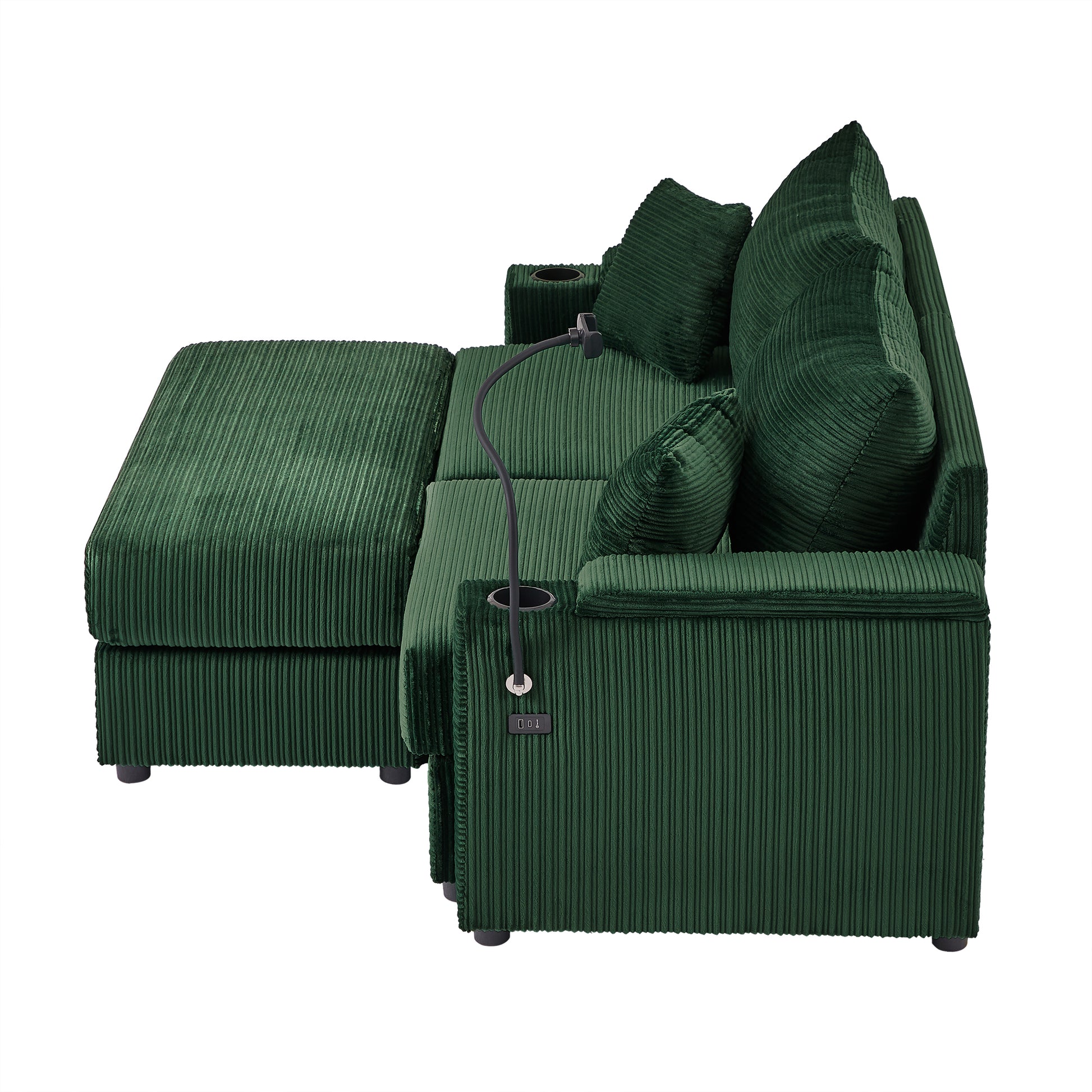 72.8" Modern Style Loveseat Sofa Sectional Sofa Couch With Storage Space, A Movable Ottoman, Two Usb Ports, Two Cup Holders, A Phone Holder For Living Room, Green Green Foam Corduroy 3 Seat