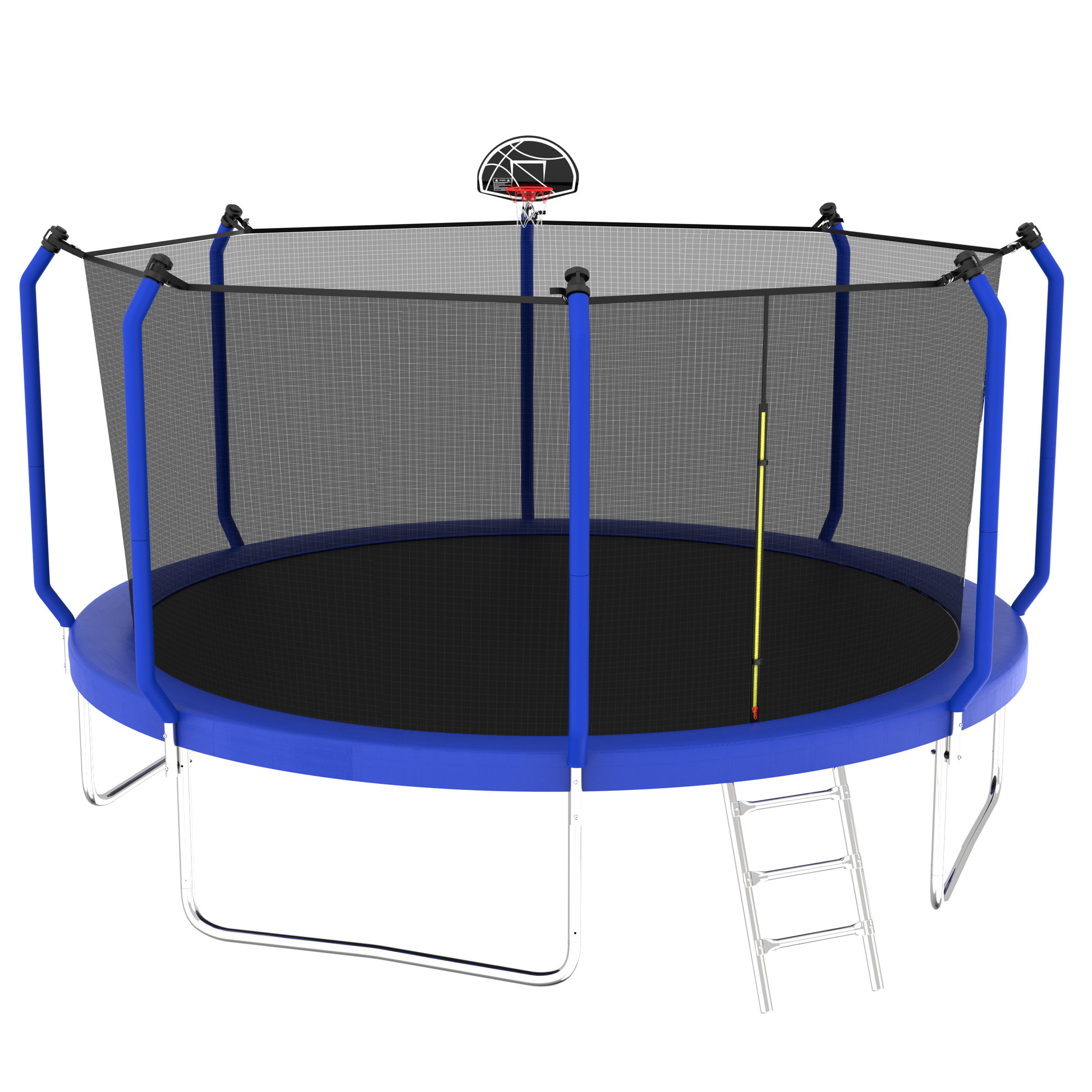 14Ft Trampoline With Basketball Hoop, Astm Approved Reinforced Type Outdoor Trampoline With Enclosure Net Blue Steel