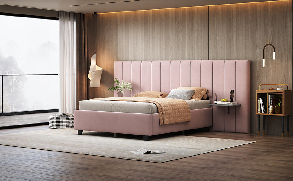 Full Size Upholstered Platform Bed With Big Headboard, Bedroom Furniture, Velvet, Pink Full Pink Plywood
