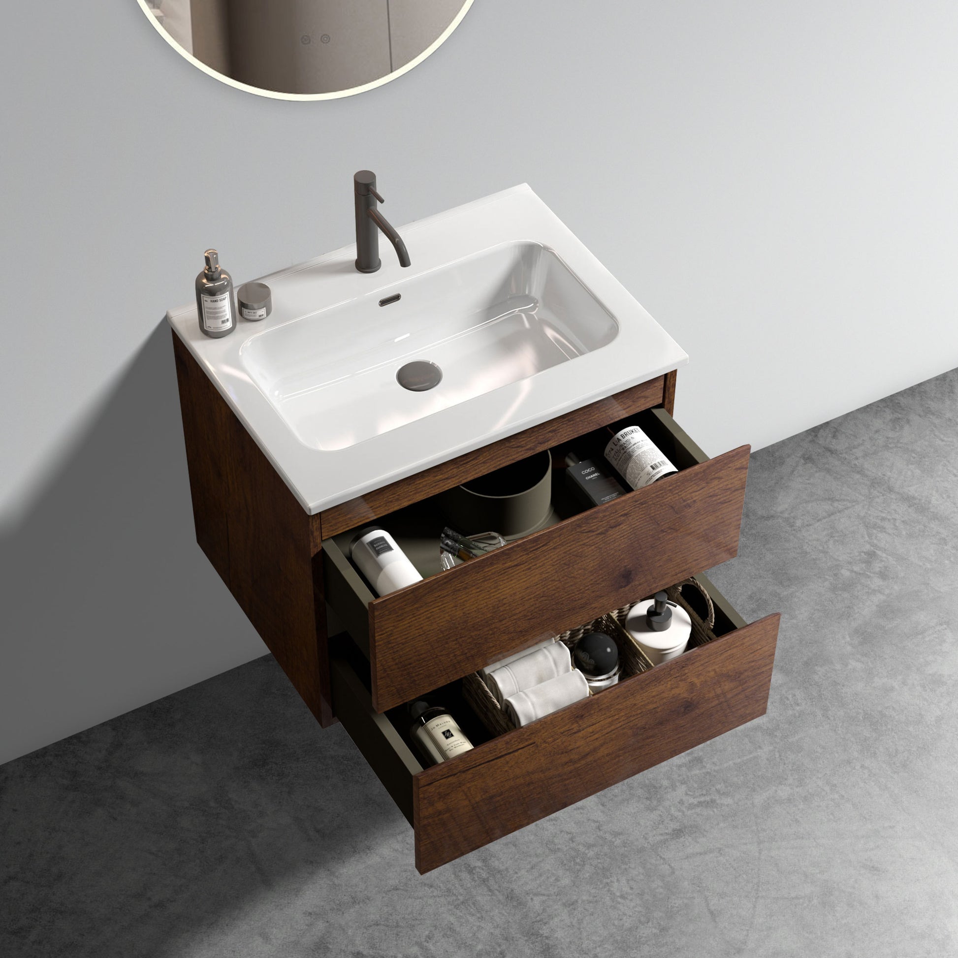 Wall Mount 24" Walnut Bathroom Vanity With Ceramic Sink With One Faucet Hole, Large Storage Floating Bathroom Vanity For Modern Bathroom, One Piece Sink Basin Without Drain And Faucet, Pre Assembled Walnut Bathroom Modern Ceramic Mdf