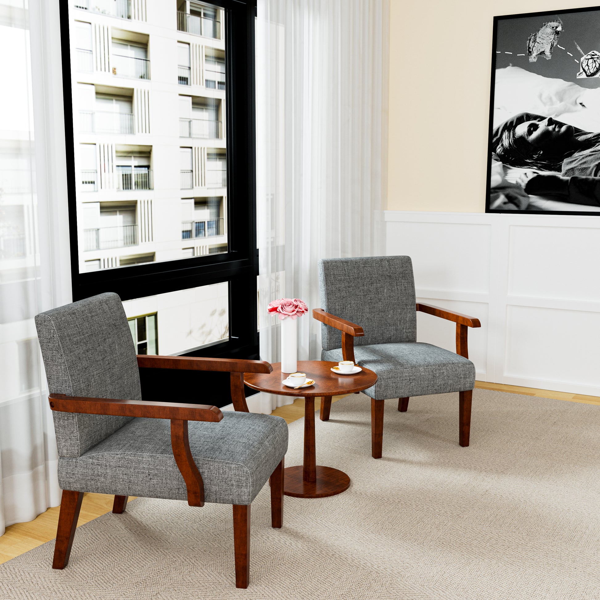 Fabric Accent Arm Chair Set Of 2 With Round Wood Table Grey Fabric