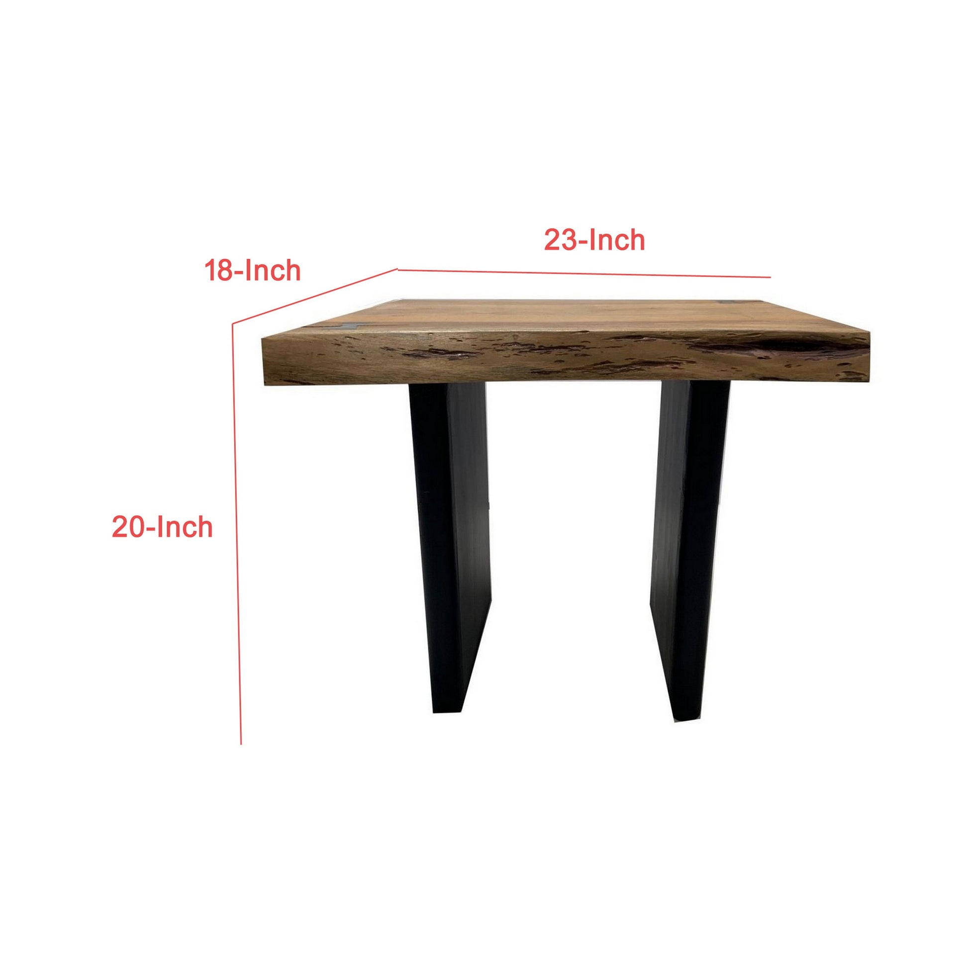 Mya 23 Inch Square End Table With Live Edge Wood Top, Wide Black Iron Legs Brown Black Solid Wood