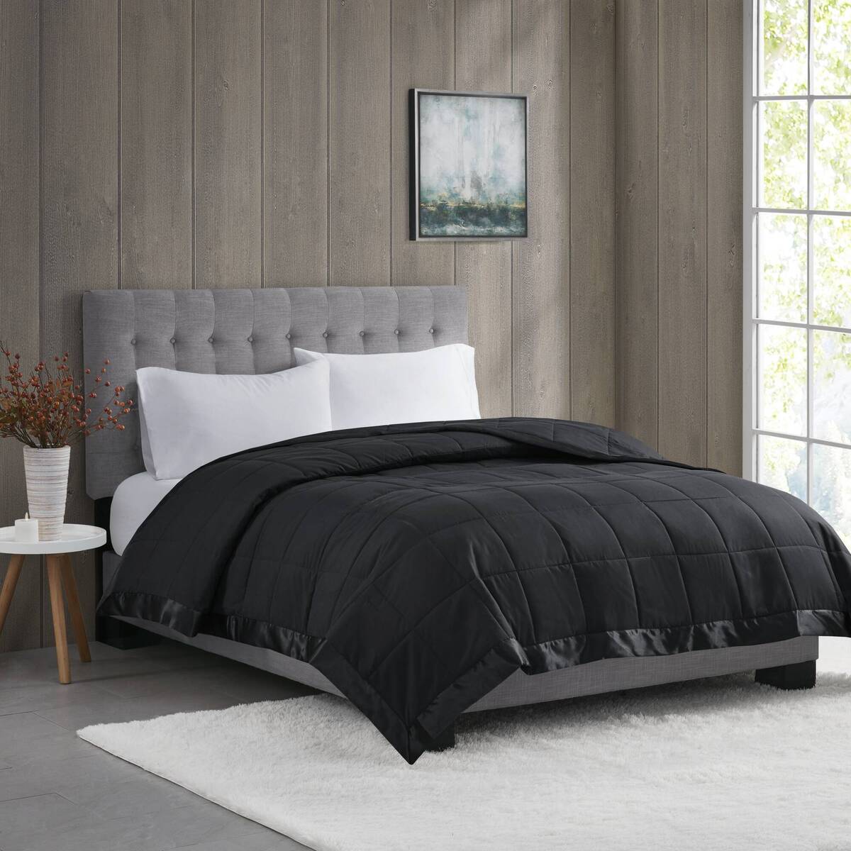 Lightweight Down Alternative Blanket With Satin Trim Black King Black Polyester