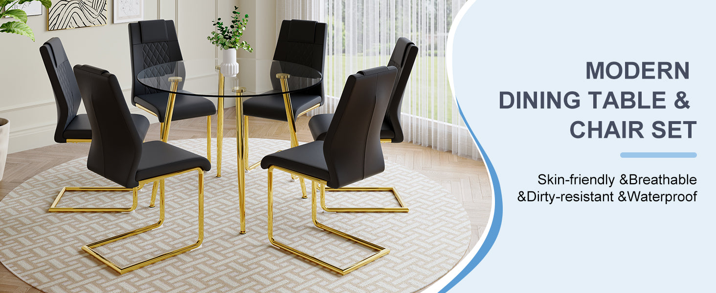 A Modern Minimalist Style Round Transparent Tempered Glass Table With Gold Metal Legs, Paired With 6 Modern Pu Leather High Back Dining Chairs ,Bring A Luxurious Experience. Black Seats 6 Glass Metal