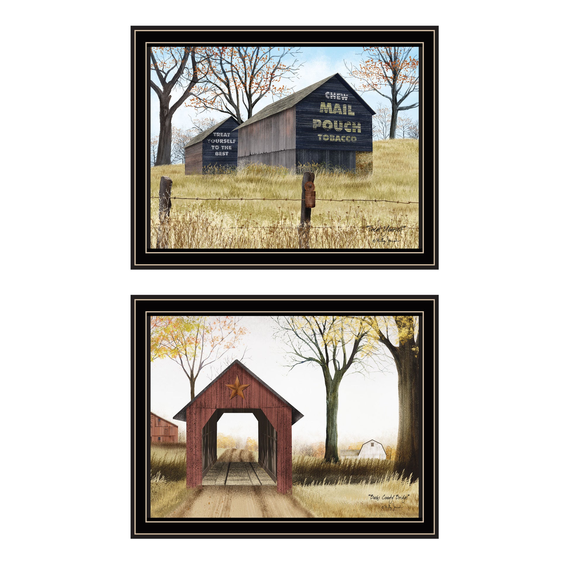 2 Piece Vignette Mail Pouch Barn & Buck County Bridge Black Framed Wall Art For Living Room, Bedroom Wall Art Print For Home Decor By Billy Jacobs Multicolor Wood Paper