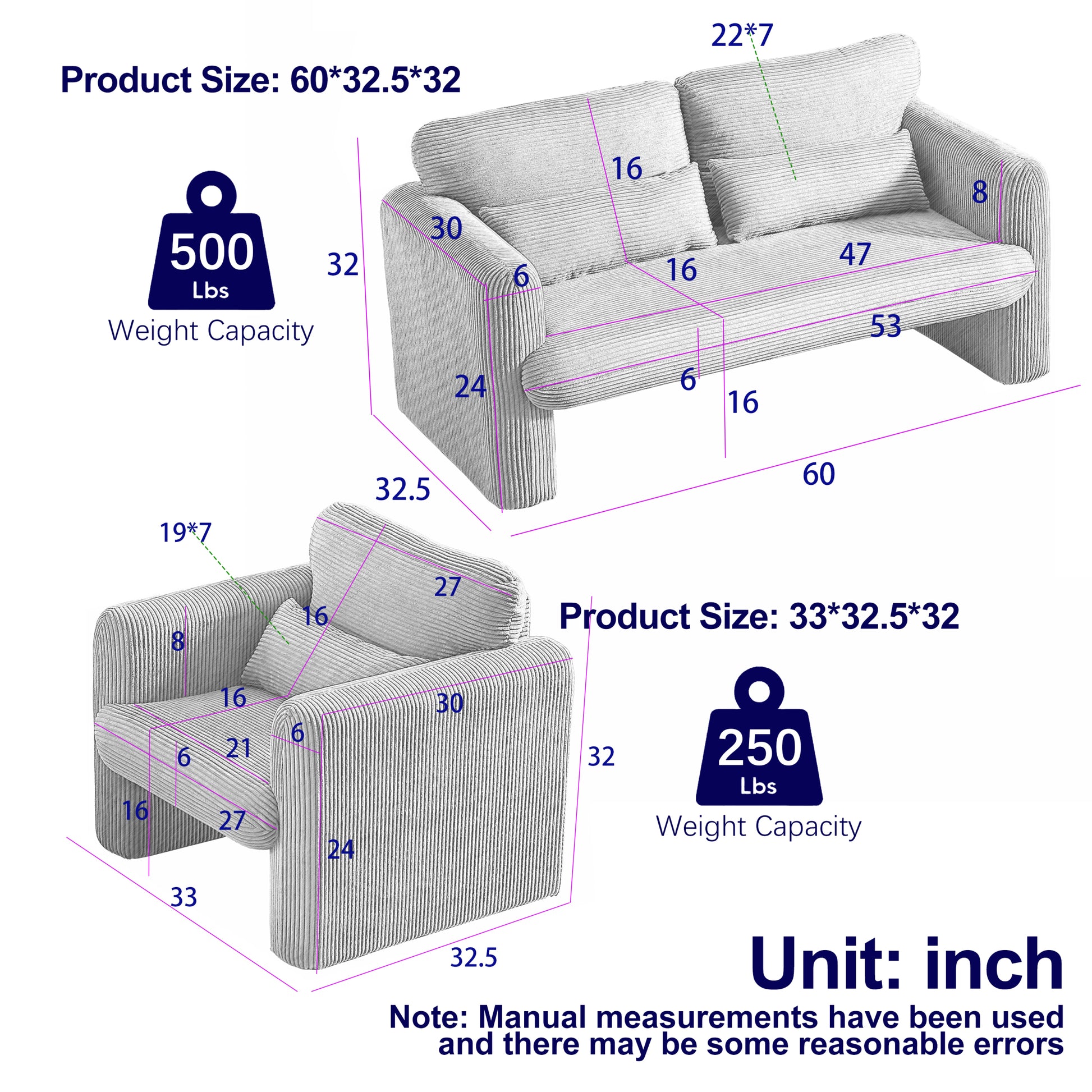60"Corduroy Fabric Sofa With 33" Single Sofa, Modern Sofa With Support Pillowfor Apartment, Office, Living Room & Bedroom Green Corduroy 3 Seat