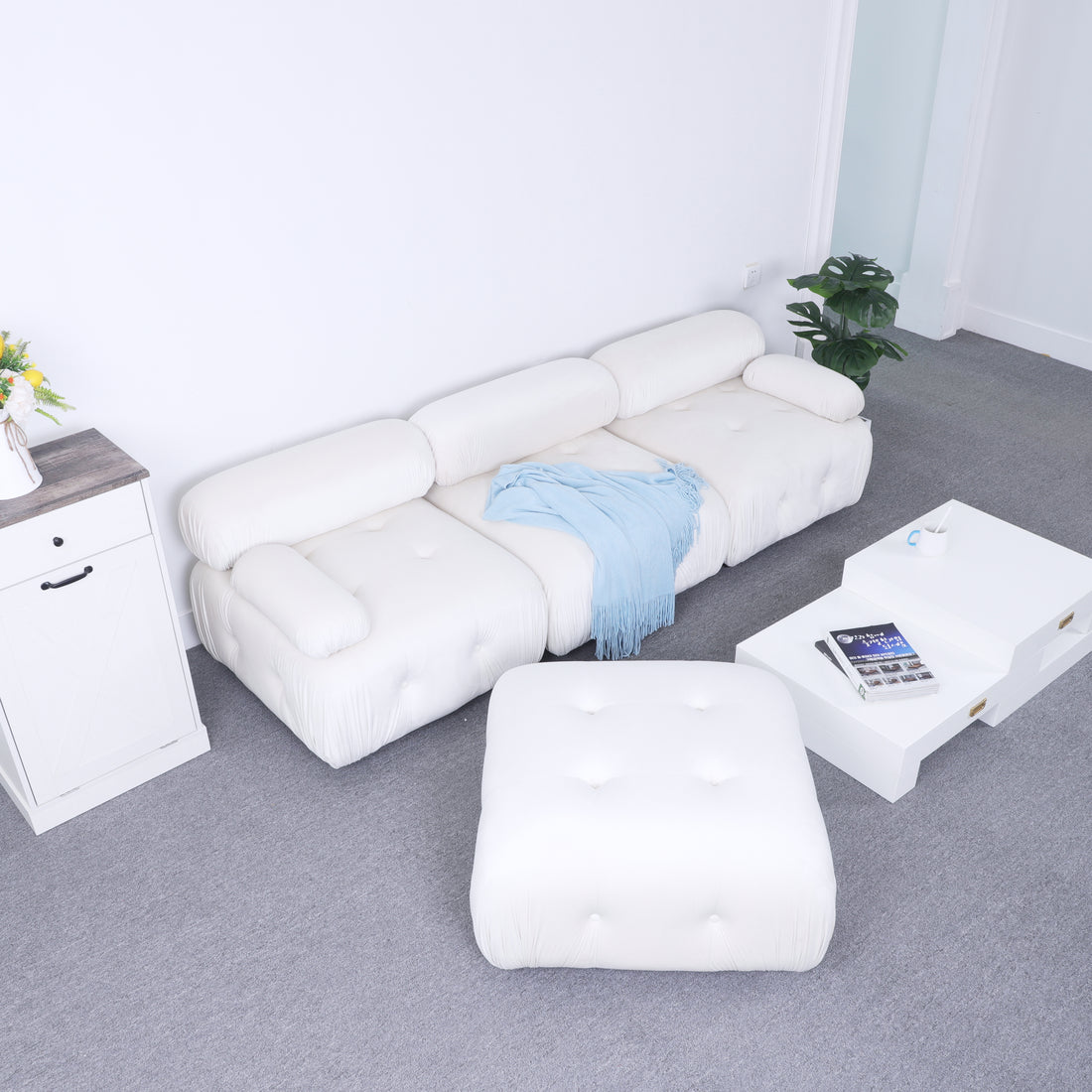 Modular Sectional Sofa Couch, Modern L Shaped Cloud Couch With Reversible Ottoman Convertible Button Tufted Velvet Fabric Couches For Living Room, Diy Combination,Cream Green Velvet 4 Seat