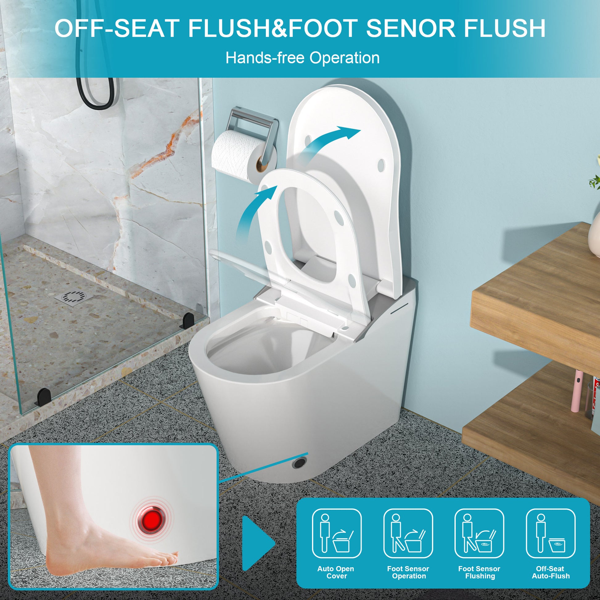 Smart Toilet With Bidet Built In, Auto Open & Close, Elongated Heated Seat, Foot Sensor Flush, Led Display, Warm Water Wash, Dryer, Night Light White Ceramic