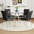 Table And Chair Set.A Modern Minimalist Round Dining Table With Transparent Tempered Glass Top And Silver Metal Legs,Paried With 4 Chairs With Pu Backrest And Seat Cushion And Silver Metal Legs. Black,Transparent Seats 4 Glass Metal