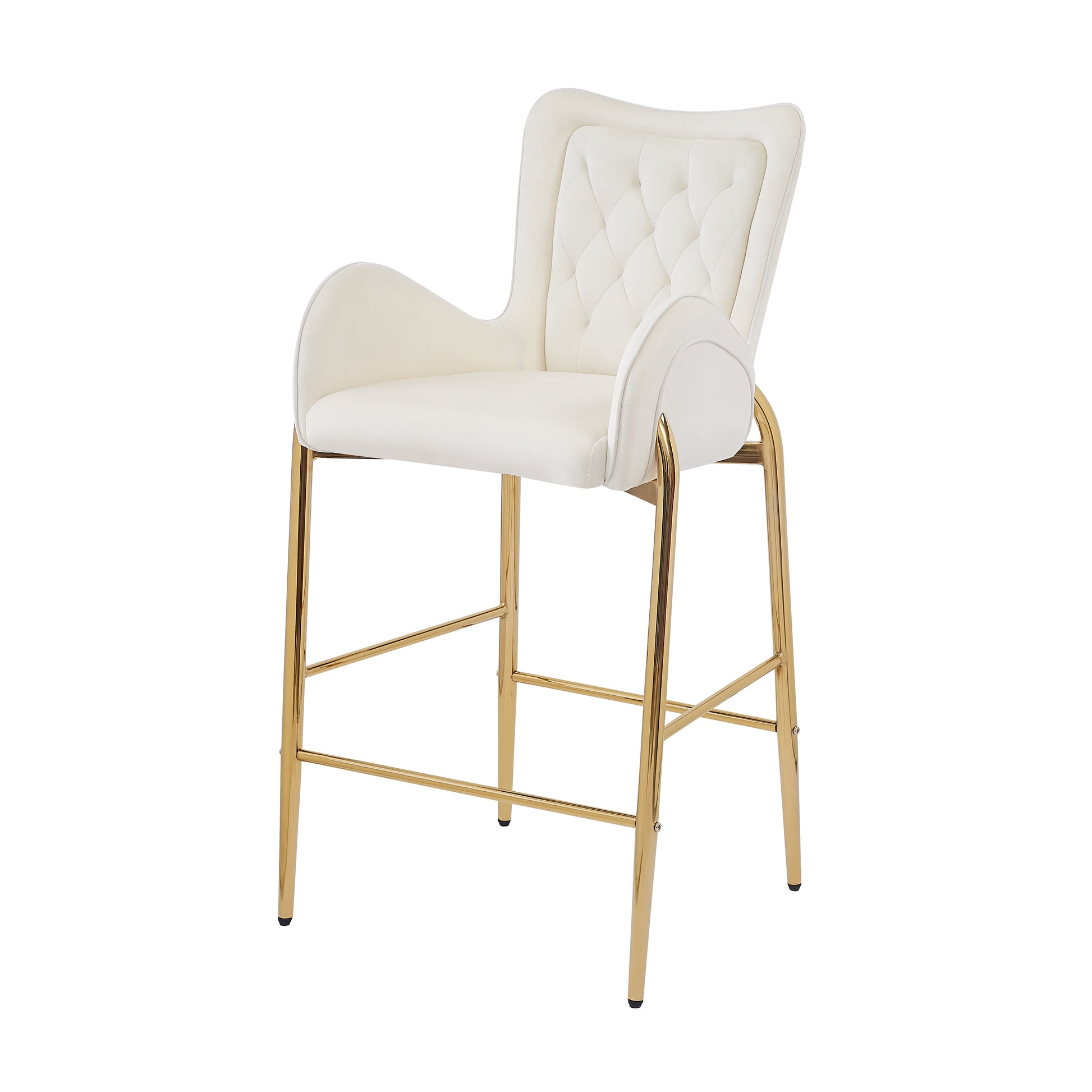 28.75Inch Counter Height Bar Stools Set Of 2, Bar Height Arm Chairs, Velvet Fabric Stools With Golden Legs And Footrests, White Solid Kitchen Tufted Back Set Of 2 Wood White Powder Coated Foam Spot