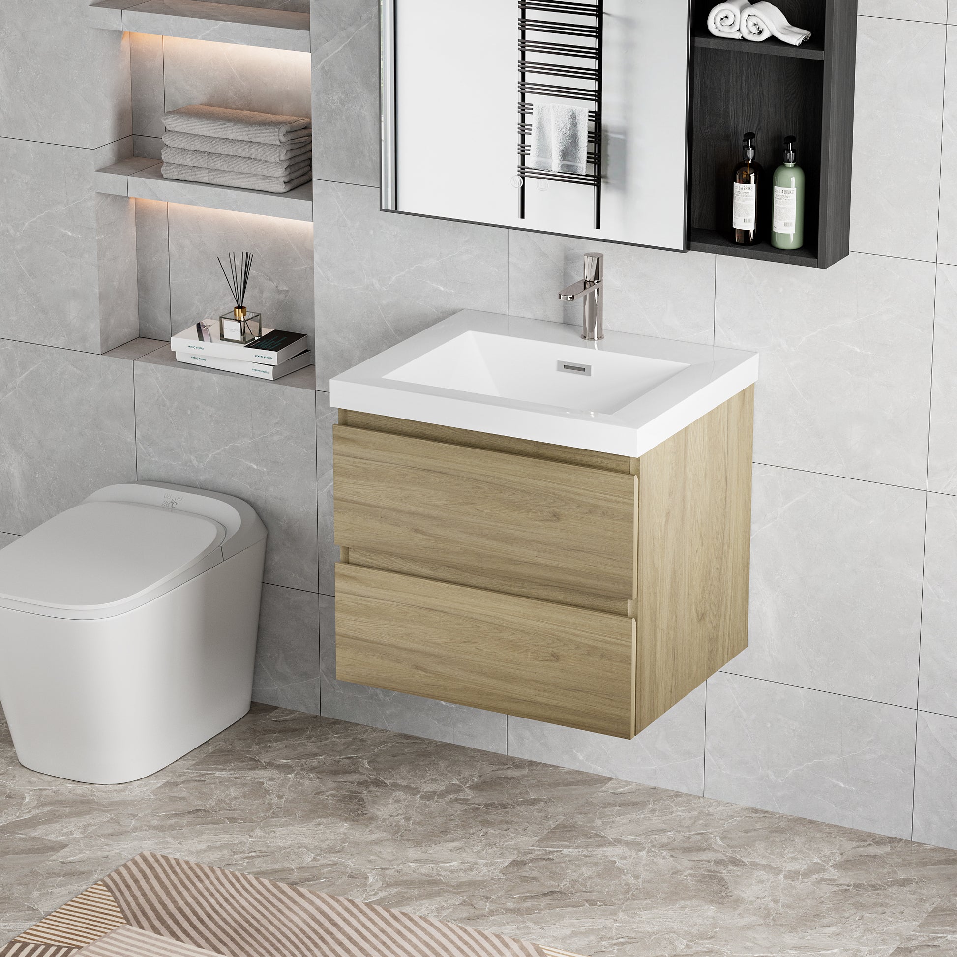 30" Floating Bathroom Vanity With Sink, Modern Wall Mounted Bathroom Storage Vanity Cabinet With Resin Top Basin And Soft Close Drawers, Natural Oak 24V11 30No 24Vangela 30 6066 2 Oak Bathroom Wall Mounted Mdf