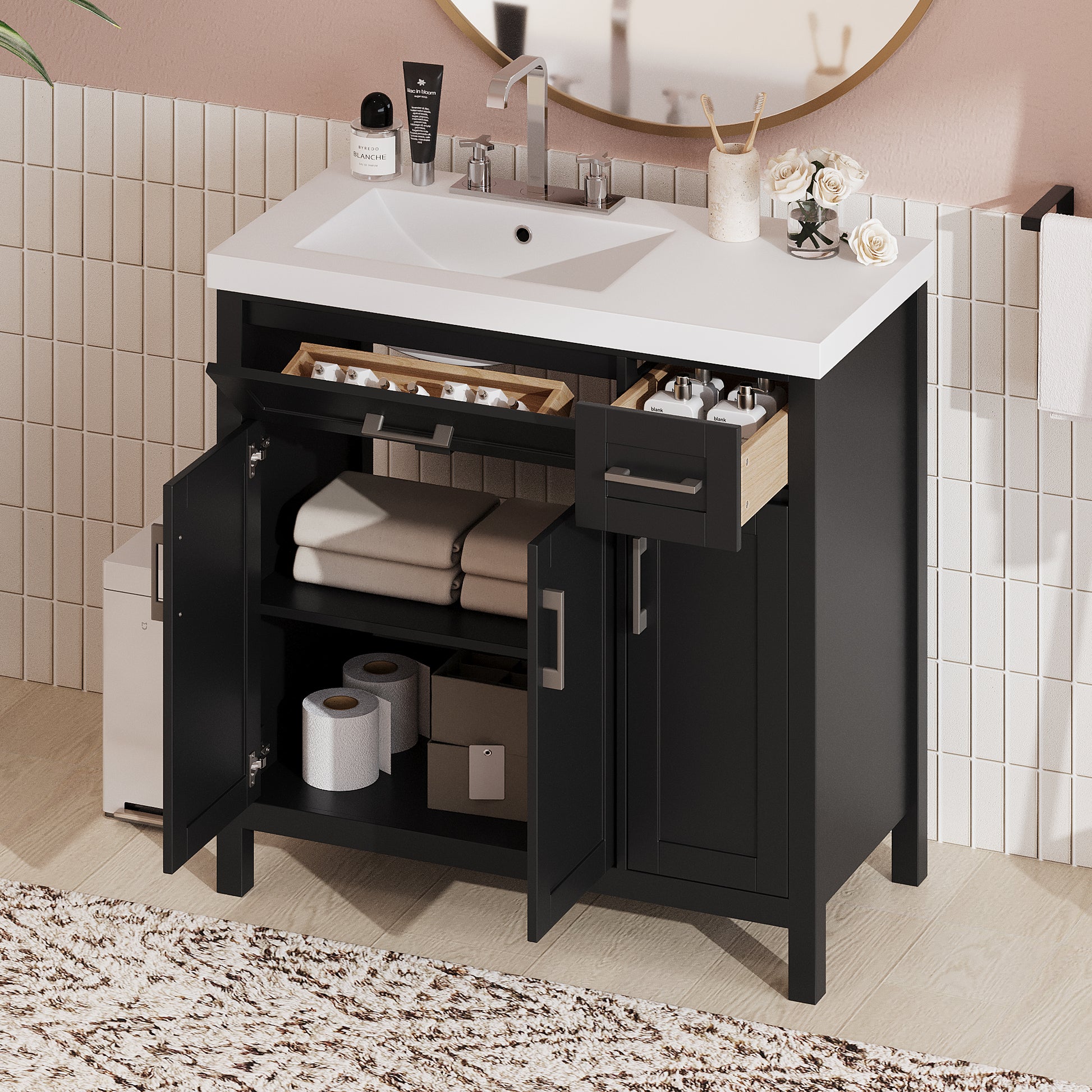 36" Black Bathroom Vanity Cabinet With Resin Integrated Sink 2 Drawers, 3 Doors Black Bathroom Solid Wood Mdf Resin