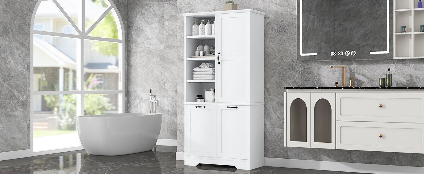 Bathroom Storage Cabinet With Doors And Drawers, Tilt Out Laundry Hamper, Multiple Storage Space, Freestanding Style, Open Shelve, Adjustable Shelf, White White Mdf