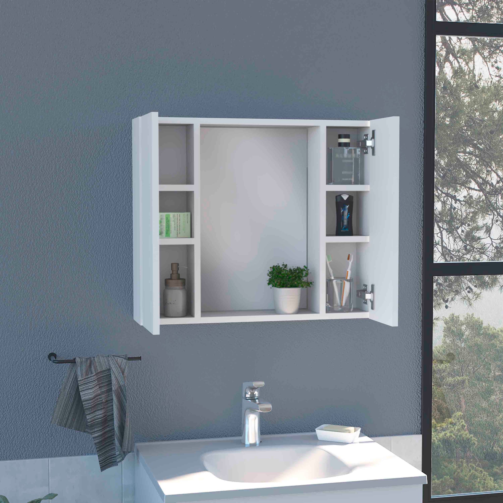 Artemisa Medicine Cabinet, Double Door, Mirror, One External Shelf White White 2 1 Bathroom Wall Mounted Modern Particle Board Particle Board