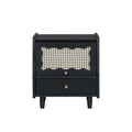 Wooden Nightstand With Rattan Woven Storage Cabinet And 1 Drawer, Exquisite Elegance With Natural Storage Solutions For Bedroom, Black Black 1 Drawer Wood