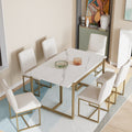 Modern Dining Table Set For 6 Faux Marble Kitchen Table Set With 6 Upholstered Dining Chairs, 7 Piece, White Golden Metal Dining Room Fixed Table Rectangular Dining Table With Chair And Bench Metal