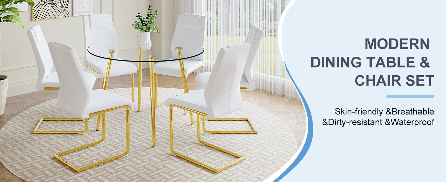 A Modern Minimalist Style Round Transparent Tempered Glass Table With Gold Metal Legs, Paired With 6 Modern Pu Leather High Back Dining Chairs Bring A Luxurious Experience. White Seats 6 Glass Metal