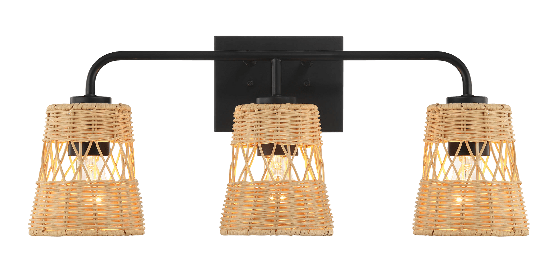 Moonlit Three Lights Wall Sconce With Rattan Shade, Bathroom Lighting Fixtures Over Mirror Black,Rattan Metal,Rattan