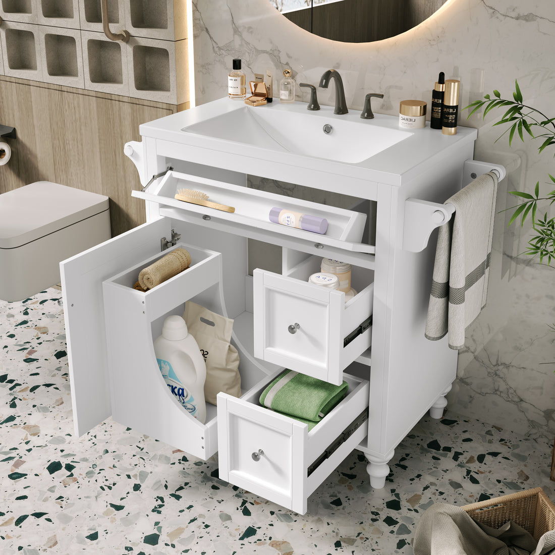 30'' Bathroom Vanity With Top Sink, Modern Bathroom Storage Cabinet With 2 Drawers And A Tip Out Drawer, Single Sink Bathroom Vanity Same As Sw000143Aak White Bathroom Modern Solid Wood Mdf Resin