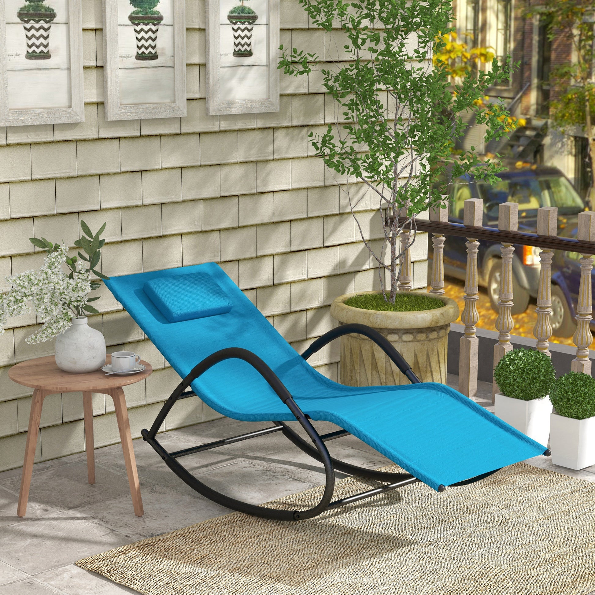 Outsunny Rocking Chair, Zero Gravity Patio Chaise Sun Lounger, Outdoor Rocker, Uv Water Resistant, Pillow For Sunbathing, Lawn, Garden Or Pool, Light Blue Light Blue Steel