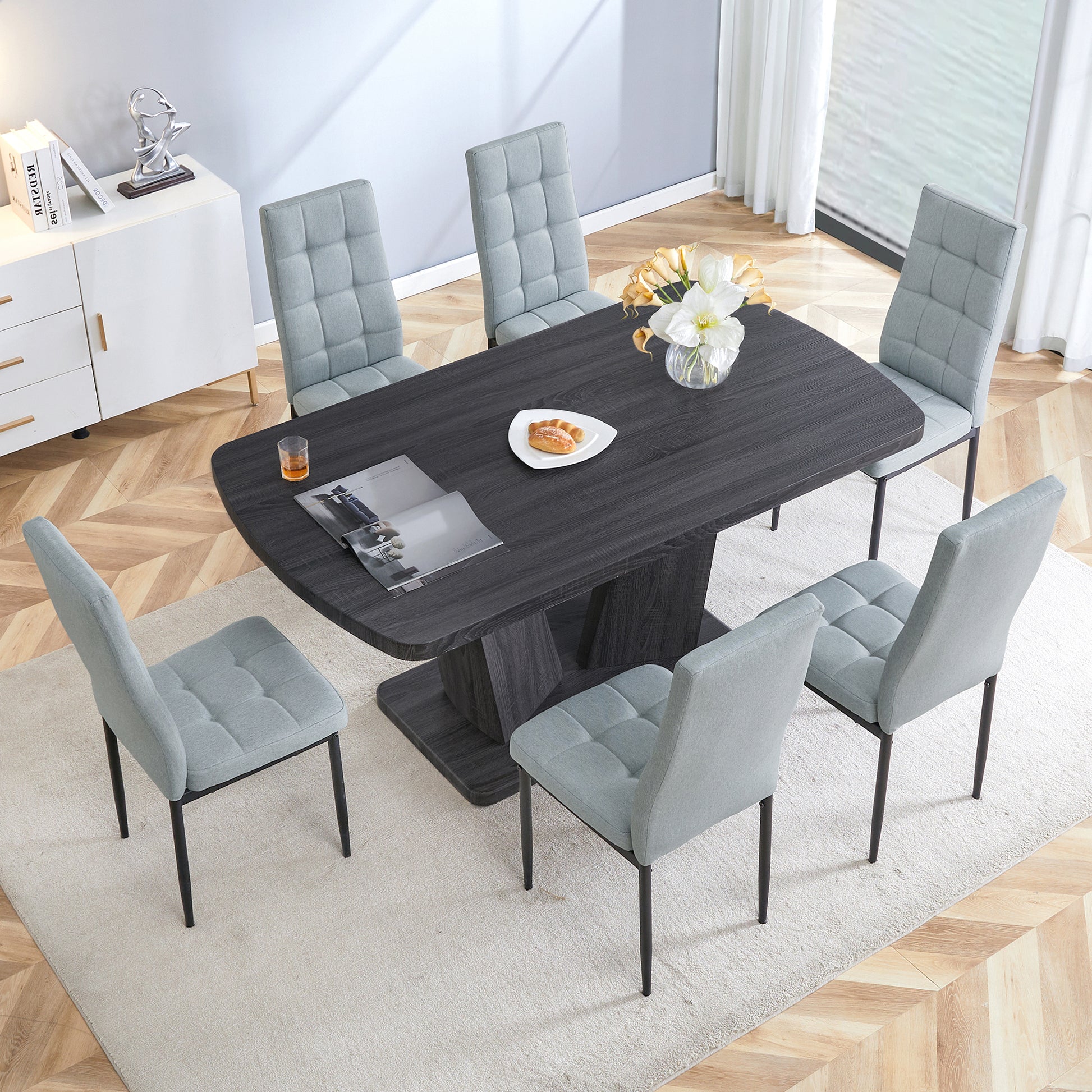 Dining Table Set For 6, 7 Piece Kitchen Table Chairs Set, 1.8" Thickness Tabletop And V Shaped Table Legs, Modern Dining Room Set With 63 Inch Dinner Table And 6 Upholstered Chairs For Dining Room Metal Gray Dining Room Classic,Mid Century Modern,Modern