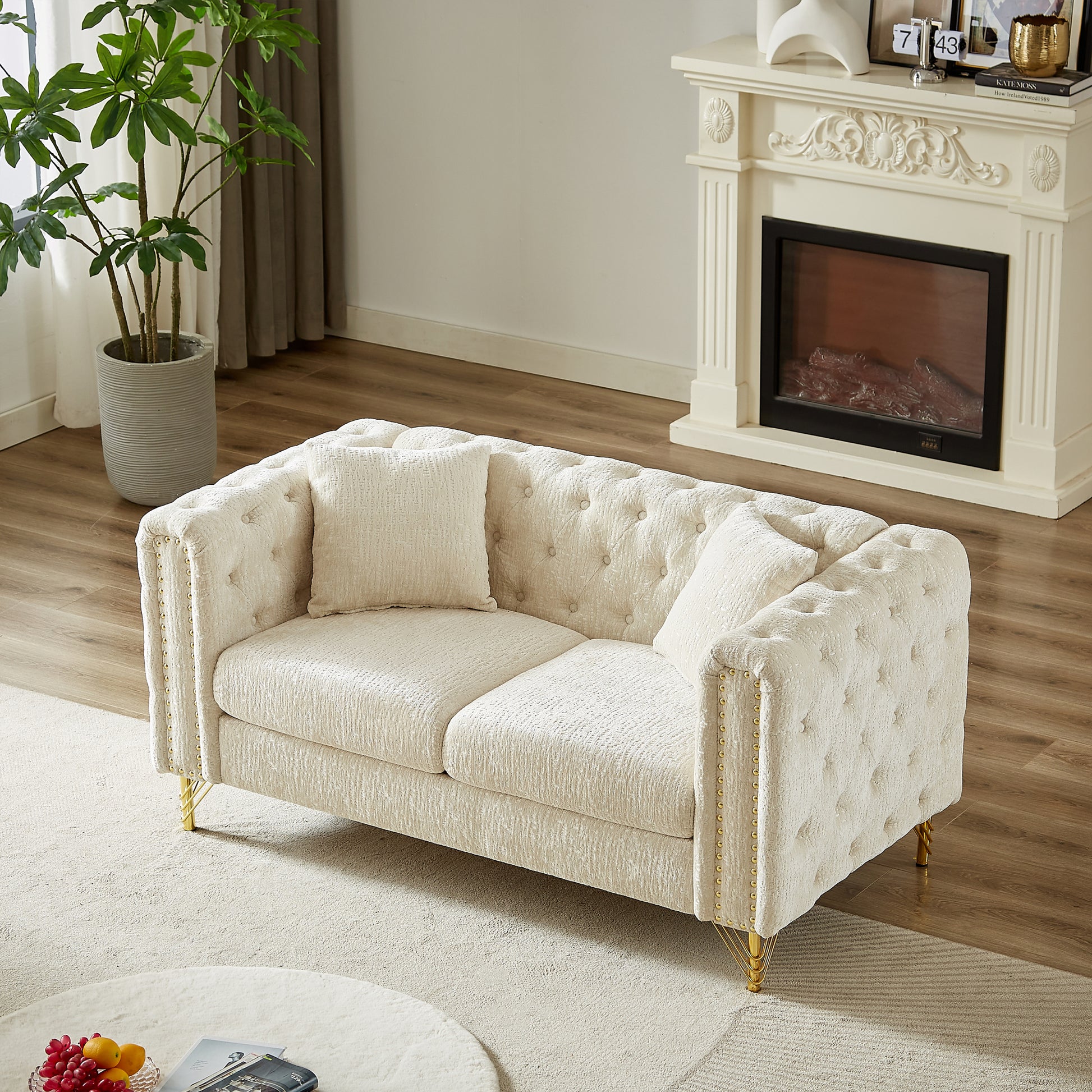 Chenille Pull Buckle Design Sofa For Living Room,Buttons Tufted With Copper Nail Decoration Armrest, Modern Couch Upholstered Button And Metal Legs Beige Foam Chenille 5 Seat