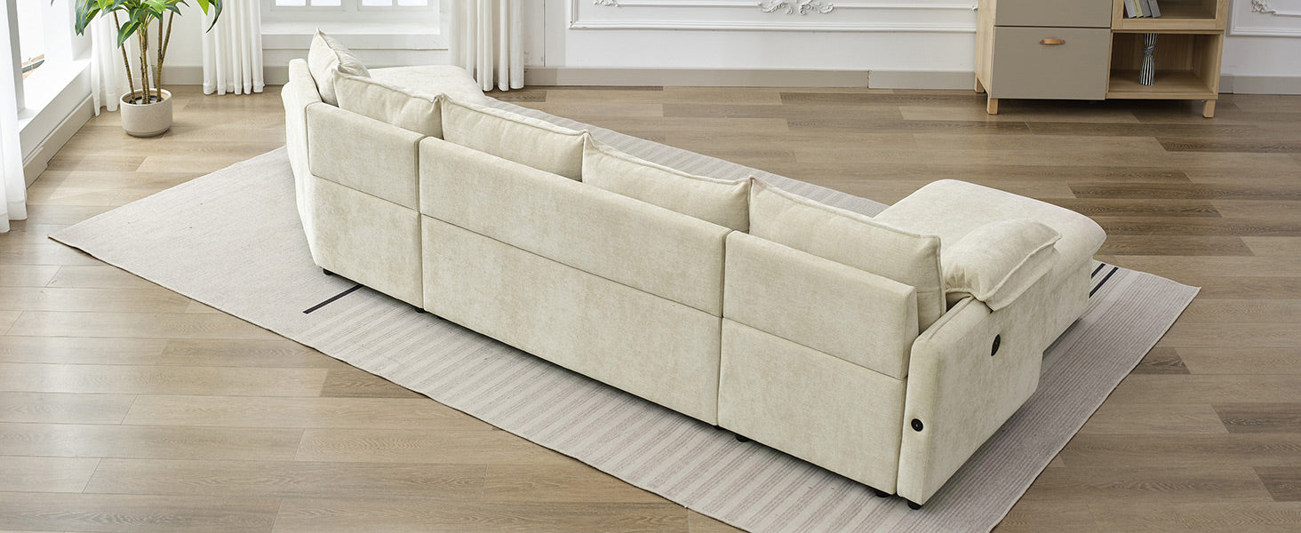 146.9" L Shaped Sofa Sectional Sofa Couch Pull Out Sofa Bed With A Movable Storage Ottoman, A Storage Chaise Lounge And Two Usb Ports For Living Room, Beige Beige Foam Linen 5 Seat