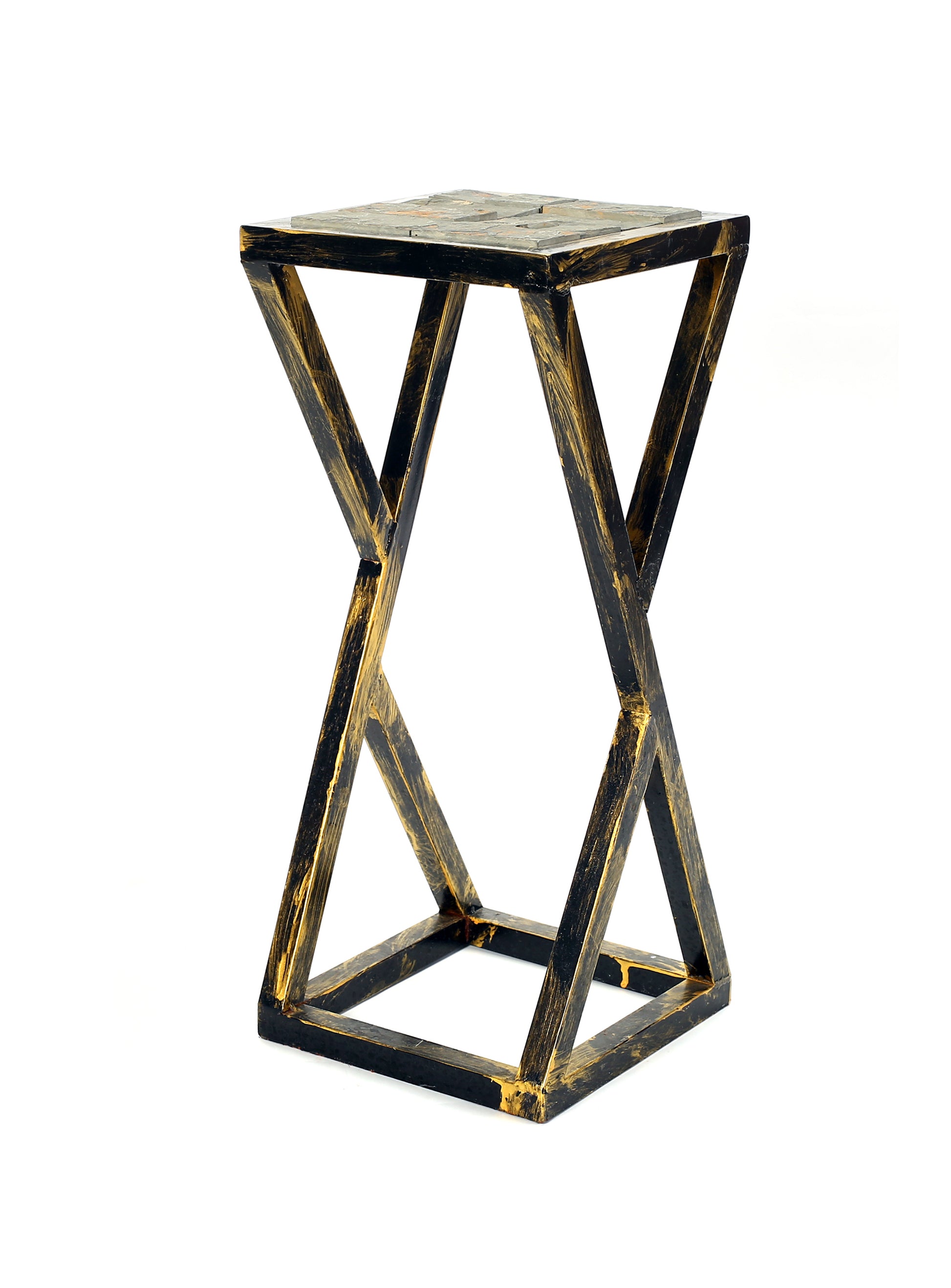 19.5" Grey Stone Slab Black Gold Plant Stand Multicolor Metal
