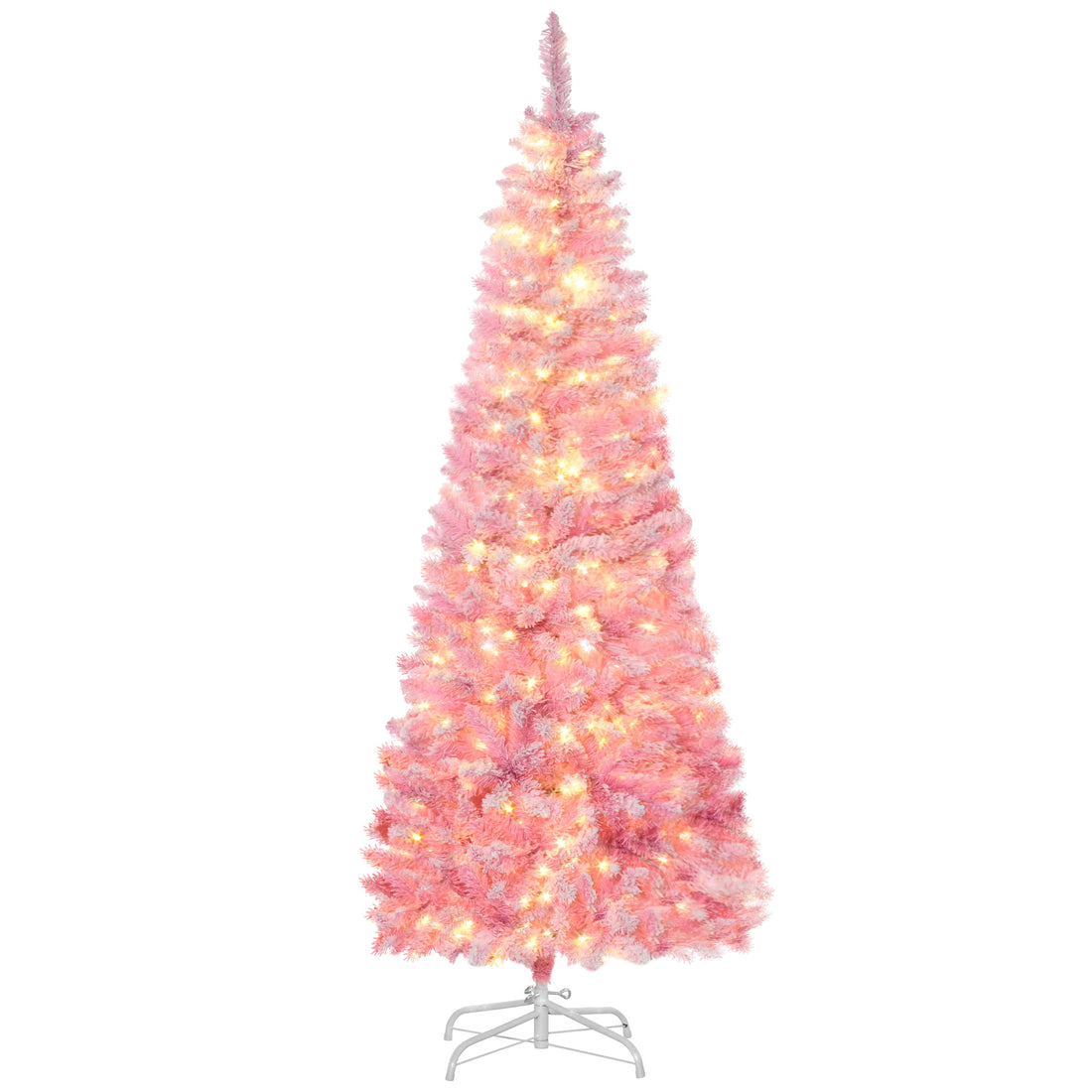 Homcom 6Ft Prelit Snow Flocked Artificial Christmas Tree With Pencil Shape, Pine Realistic Branches, Warm White Led Lights, Auto Open, Pink And White Pink Plastic