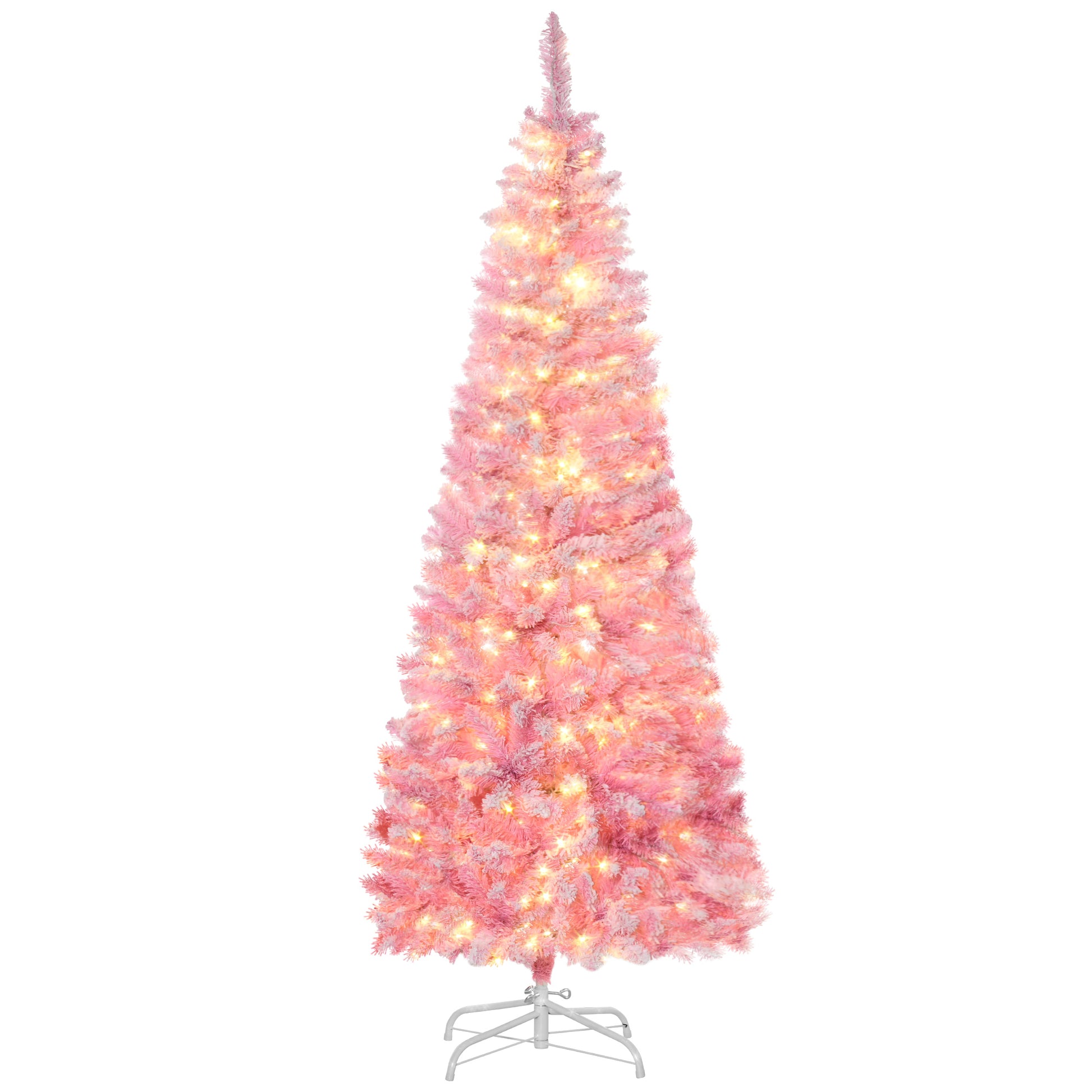 Homcom 6Ft Prelit Snow Flocked Artificial Christmas Tree With Pencil Shape, Pine Realistic Branches, Warm White Led Lights, Auto Open, Pink And White Pink Plastic