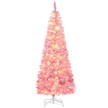 Homcom 6Ft Prelit Snow Flocked Artificial Christmas Tree With Pencil Shape, Pine Realistic Branches, Warm White Led Lights, Auto Open, Pink And White Pink Plastic